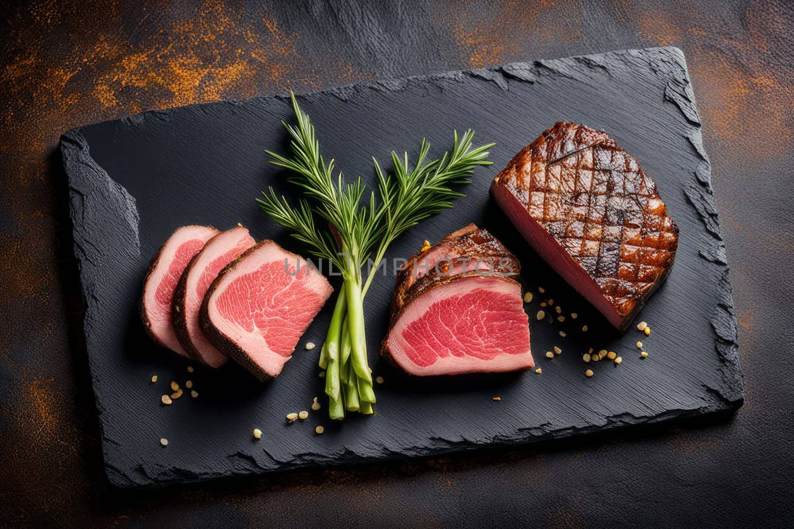 Juicy grilled beef slices on textured slate surface, complemented by fresh herbs. Perfect for food enthusiasts, chefs, or culinary artists looking to capture mouthwatering moments in their work