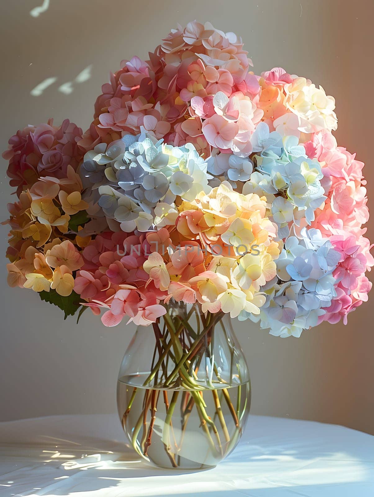 An assortment of vibrant flowers fills a vase atop the table, creating a beautiful display of natures beauty. The petals are arranged meticulously, forming a stunning floral bouquet