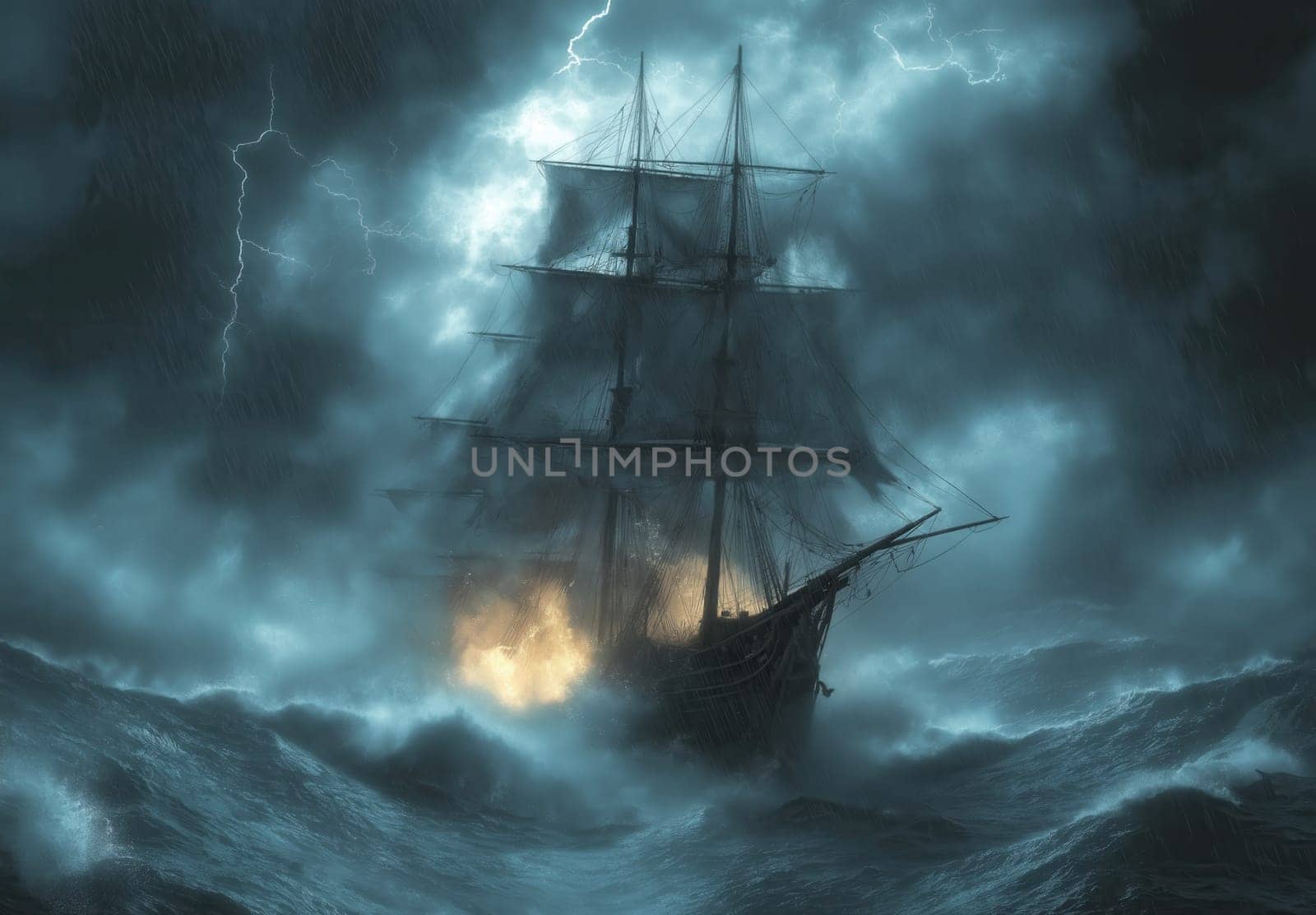 A sailing ship braves the waves on a stormy sea. Selective focus.