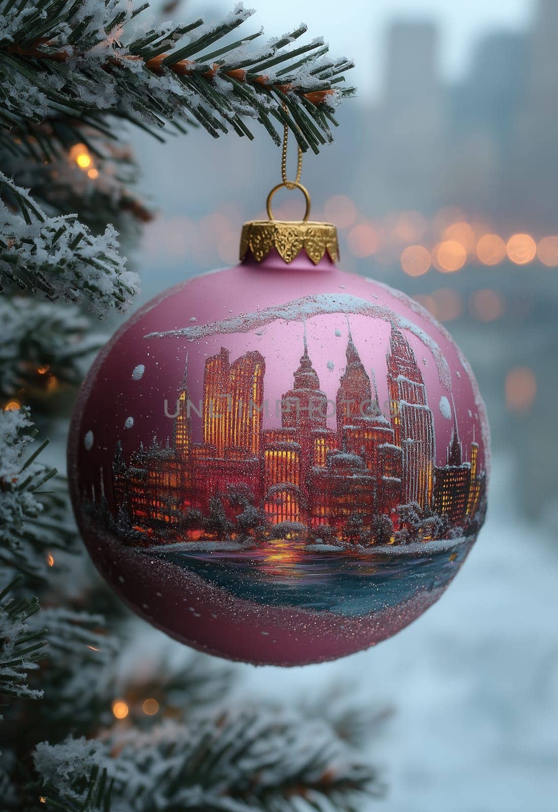 Christmas pink ball with cityscape on fir tree. Selective focus.
