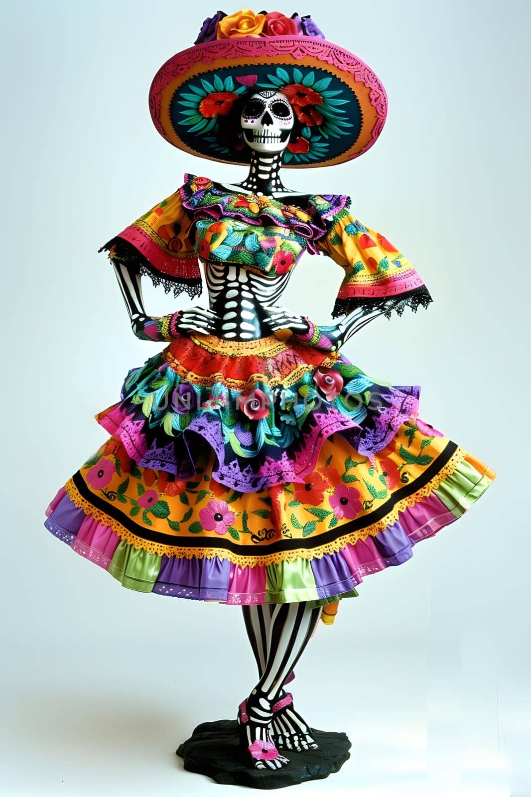 Festive skeleton in vibrant Mexican attire for Day of the Dead celebration
