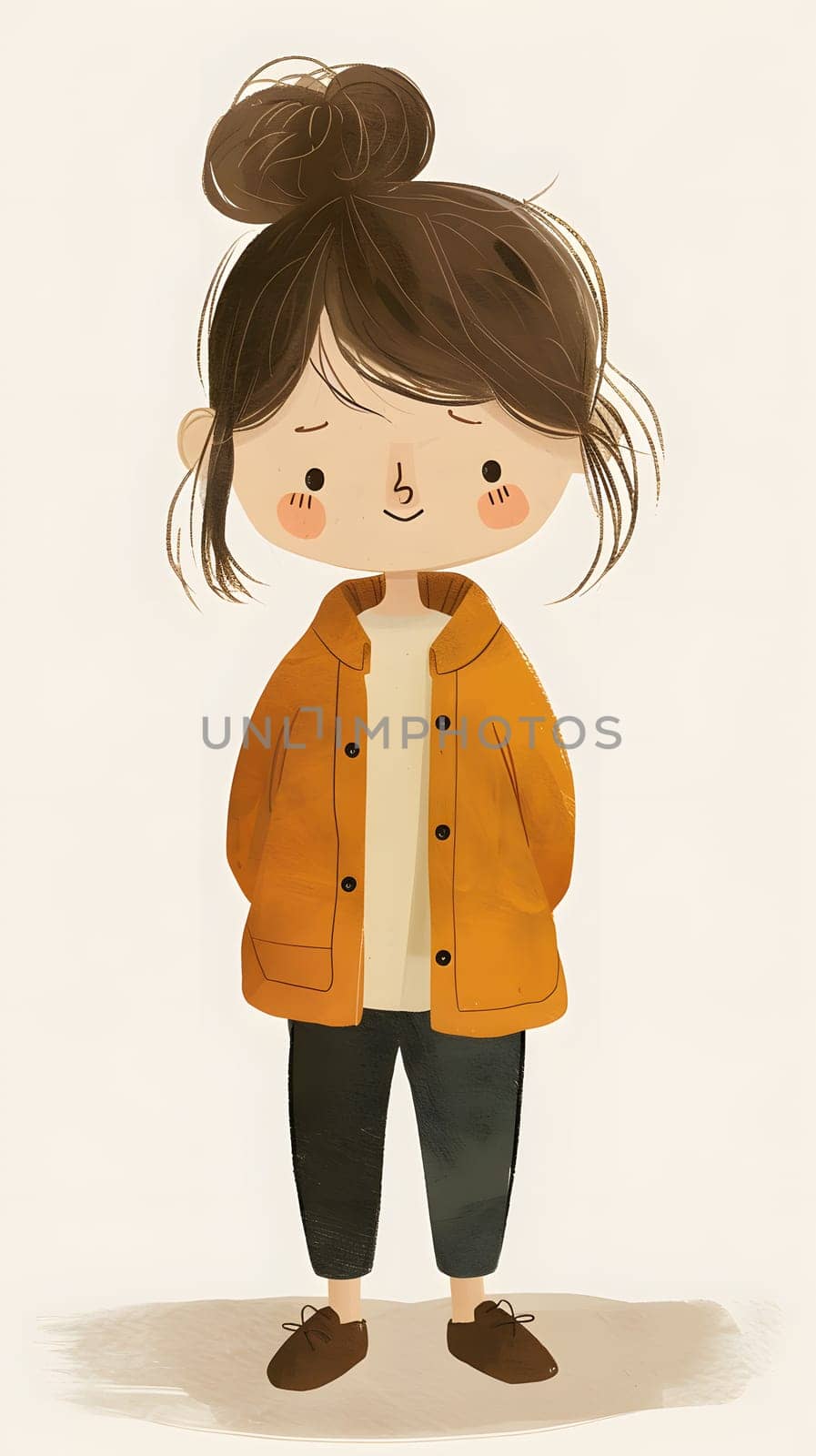 A young girl in a yellow jacket and black pants is wearing a bun hairstyle. She is holding a toy trumpet and making a playful gesture. Her outfit resembles a cartoon characters formal wear