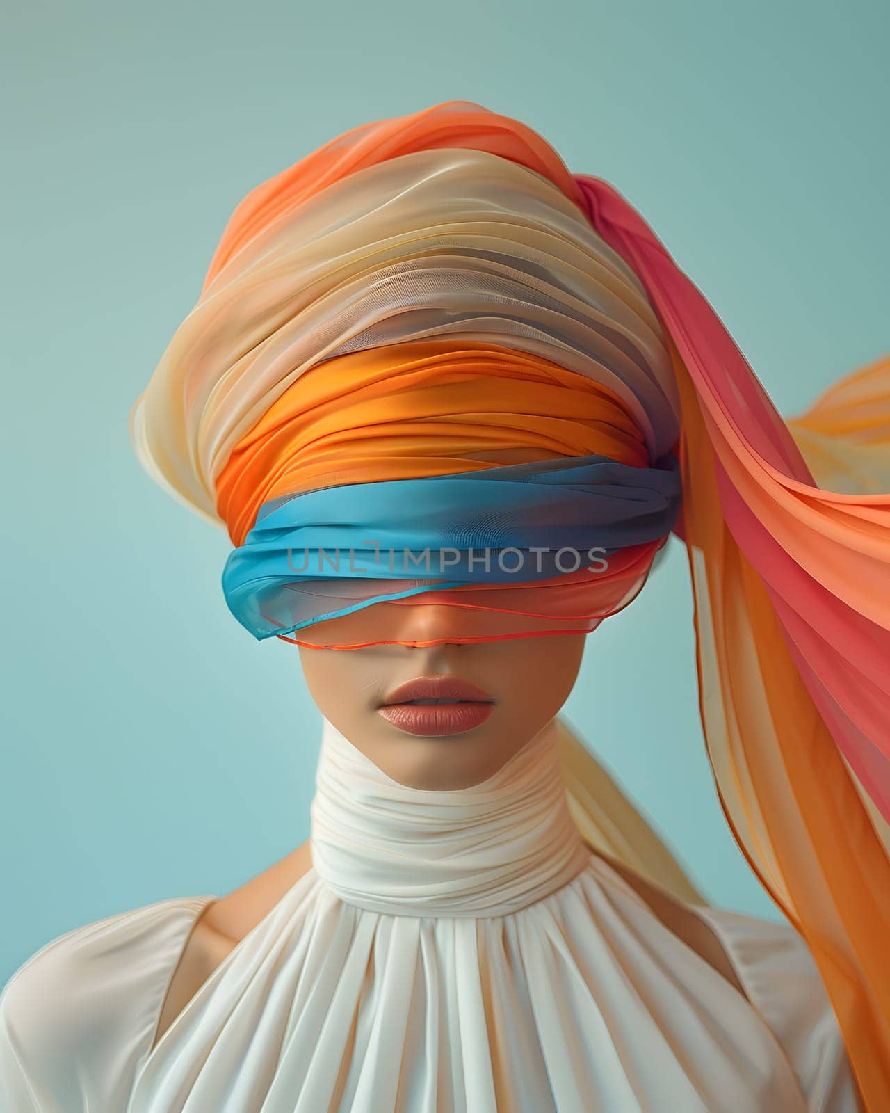 A woman wearing a vibrant orange scarf tied around her head, covering her eyes while leaving her forehead, temple, and neck exposed. The scarf complements her red hairstyle