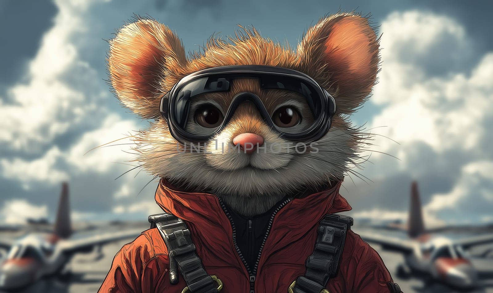 Cartoon mouse pilot on runway. Selective focus.