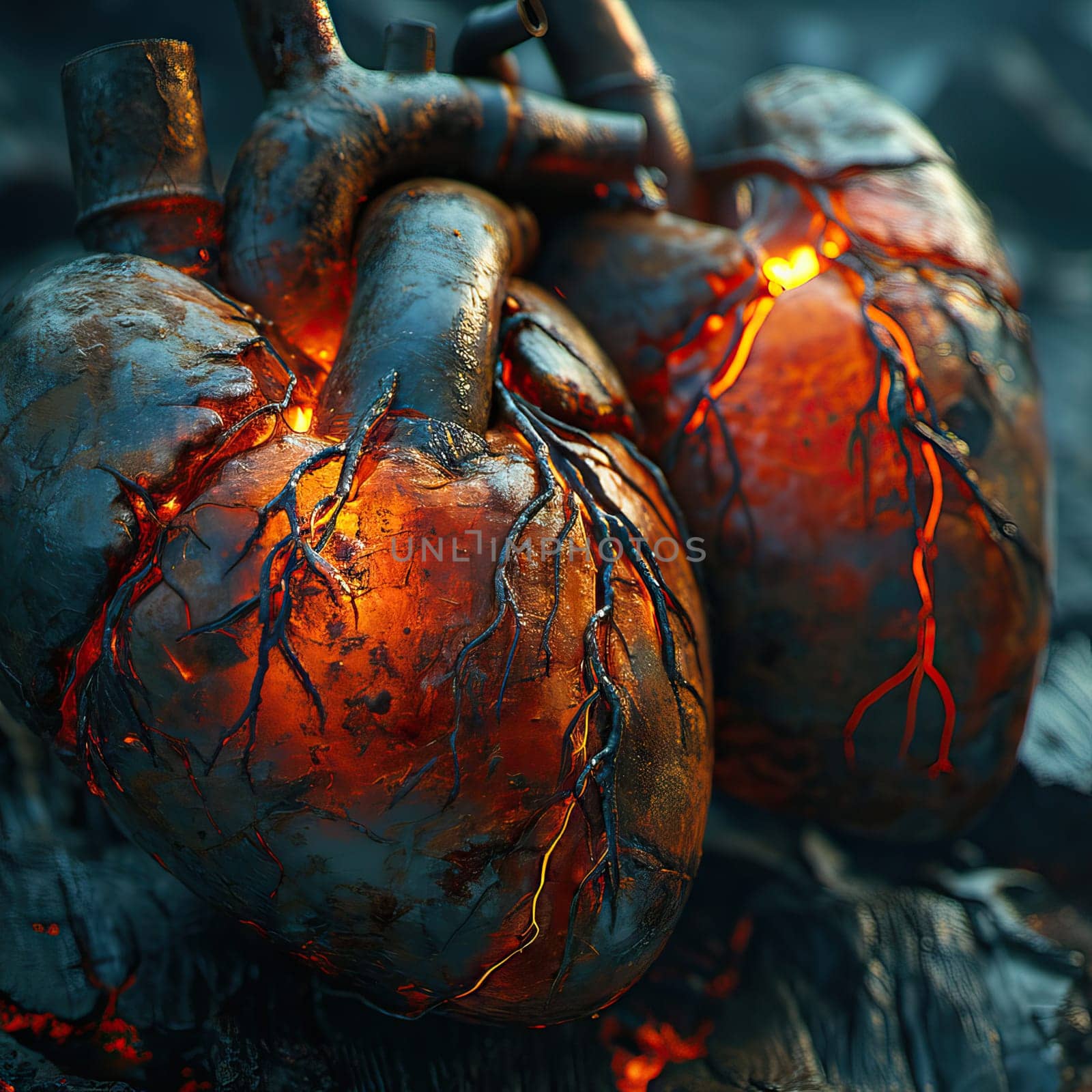 An artistic and imaginative depiction of fiery hearts with bright glowing veins, symbolizing deep passion and intensity
