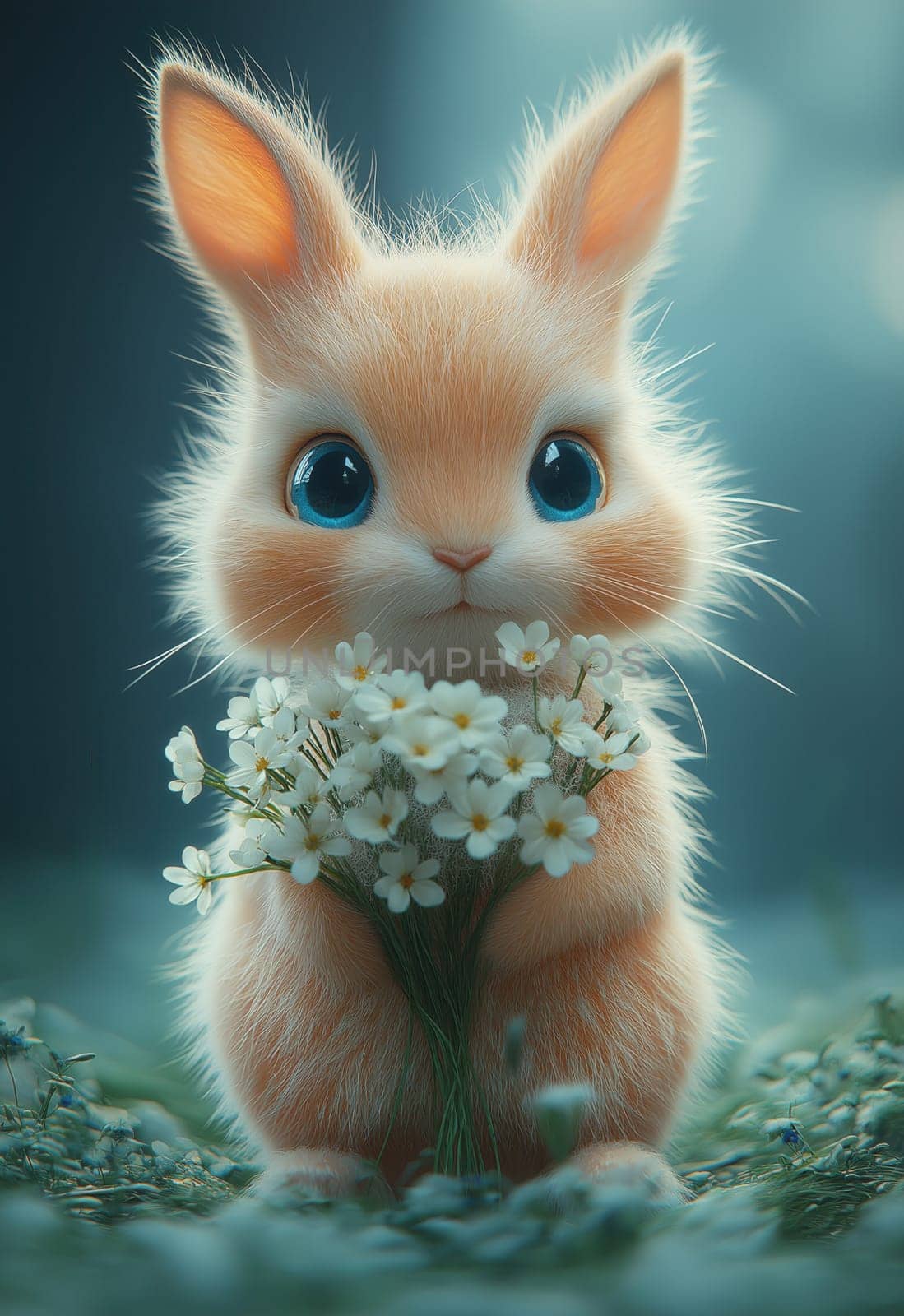Illustration of a rabbit holding a bouquet of white flowers. Selective focus.