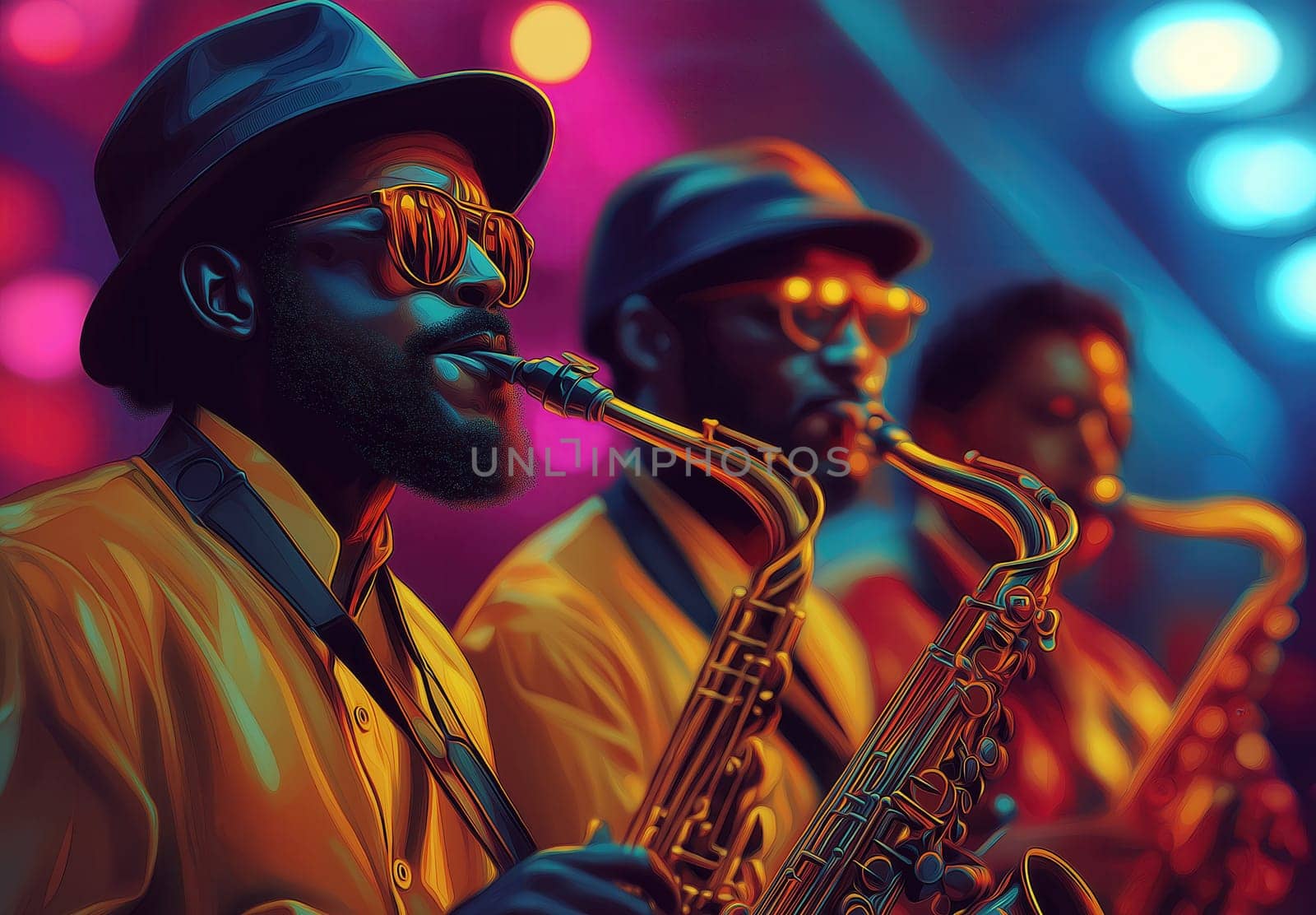 Musicians playing saxophones in stylish attire. Selective focus.