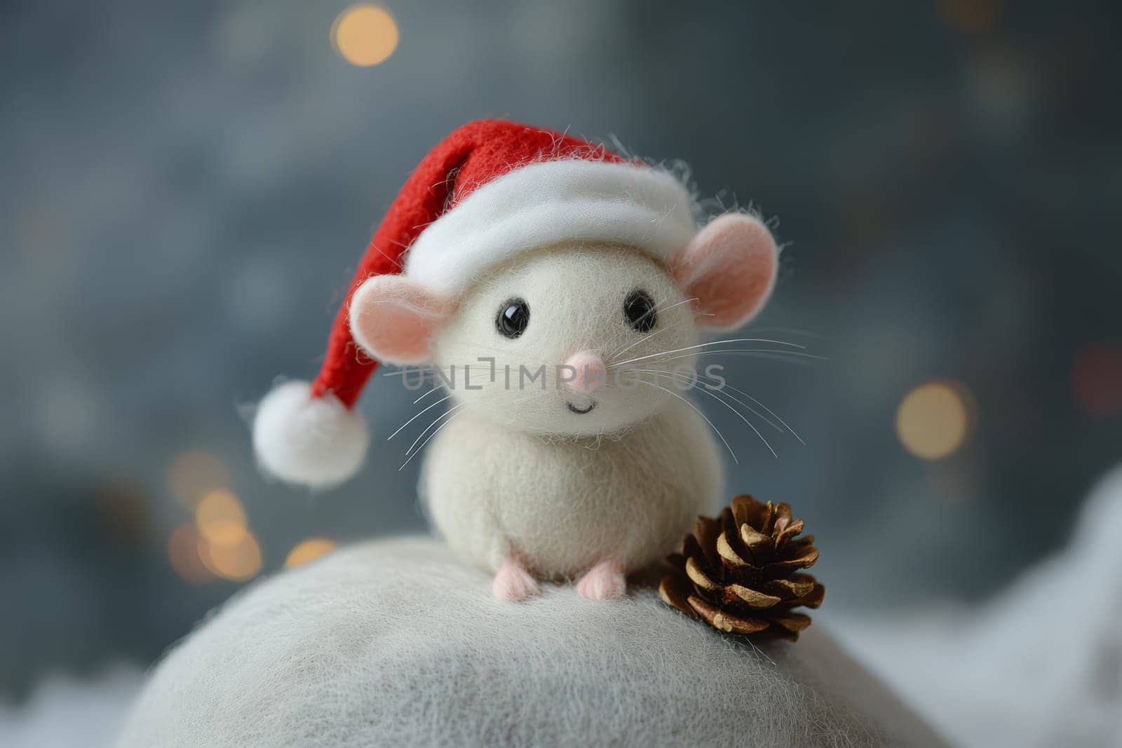 White felt mouse in a Santa Claus hat