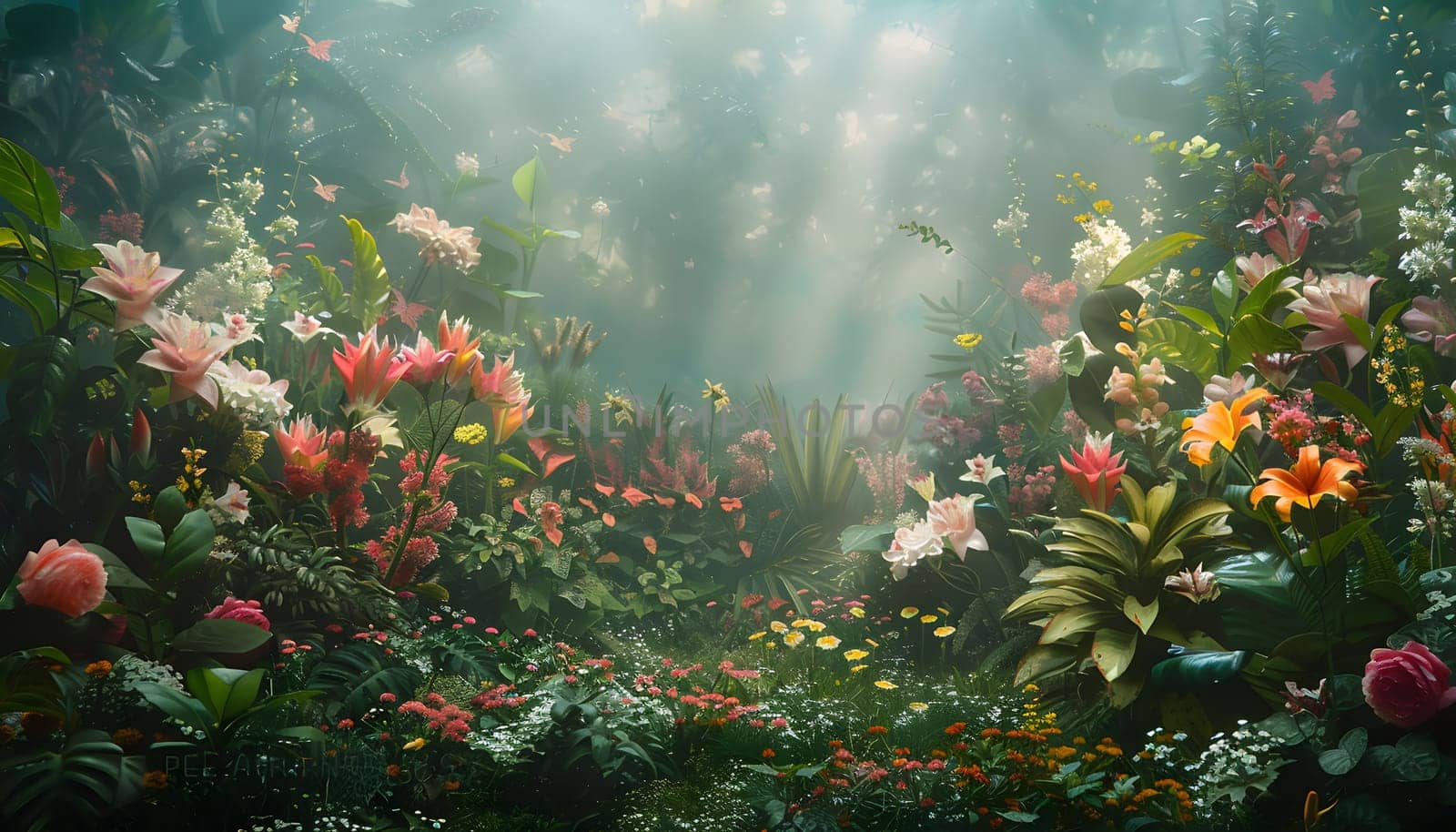 A colorful garden with an abundance of flowers, plants, and trees, illuminated by the sun filtering through the lush foliage, creating a picturesque natural landscape