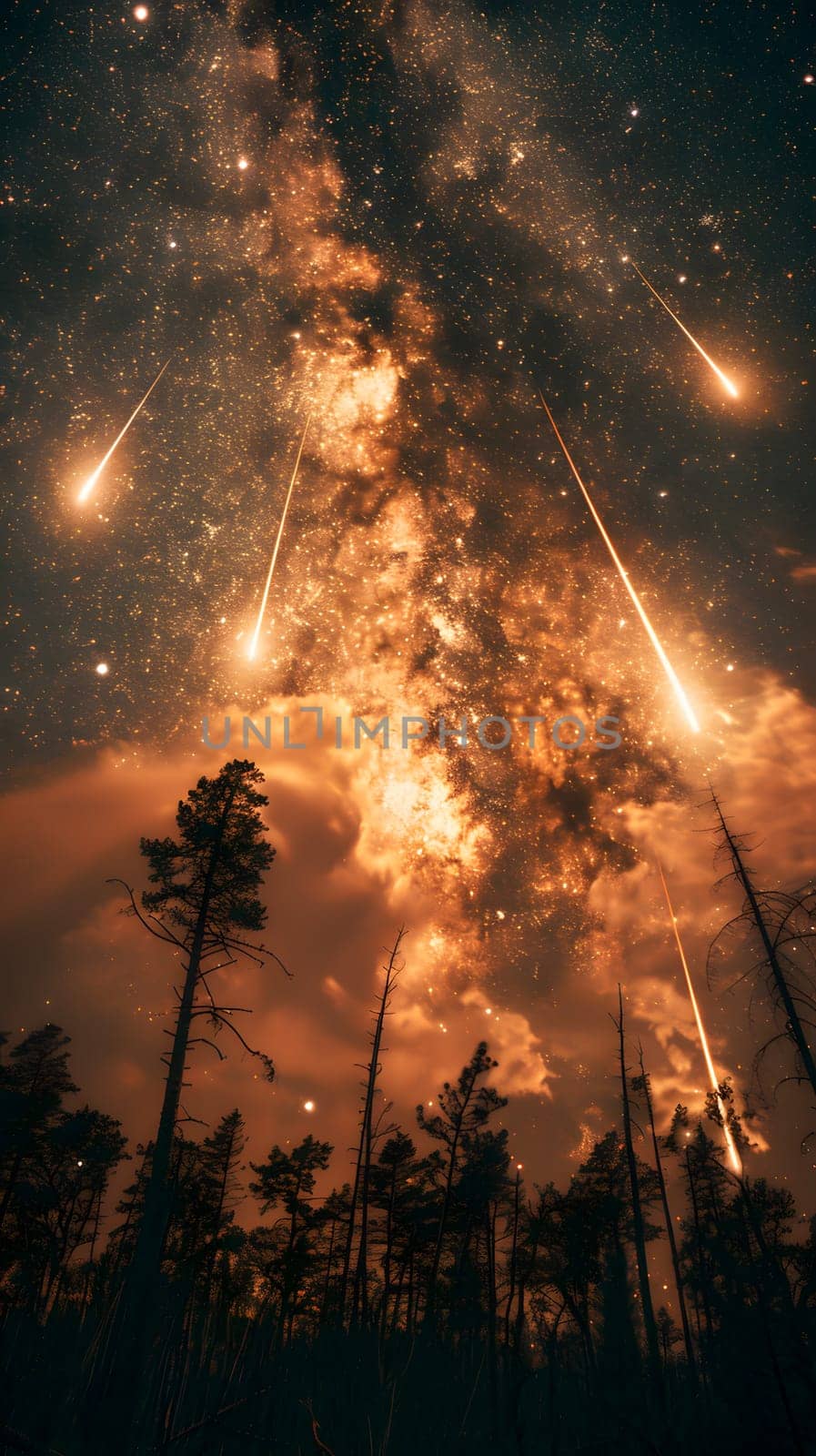 A clear night sky filled with countless twinkling stars, with trees silhouetted in the foreground. The atmosphere is crisp and cool, perfect for stargazing on a midnight adventure