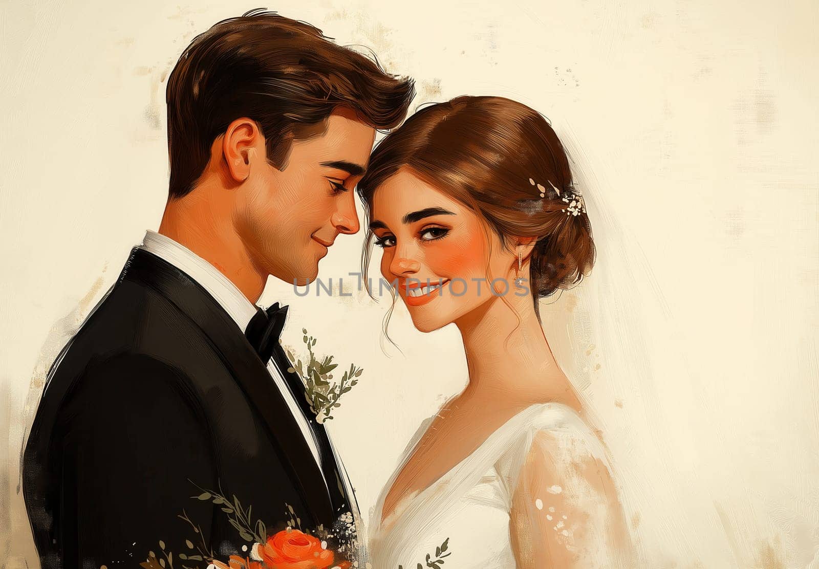 Illustration of a bride and groom on a cream background. Selective focus.