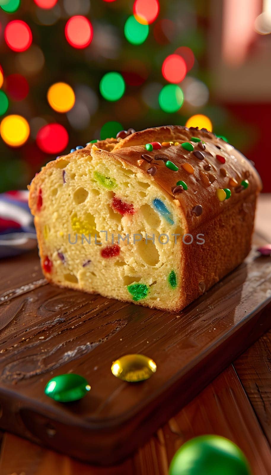 A delicious loaf of fruit cake, a popular baked goods dessert, is presented on a wooden cutting board, showcasing the ingredients and skillful recipe used in creating this delectable dish