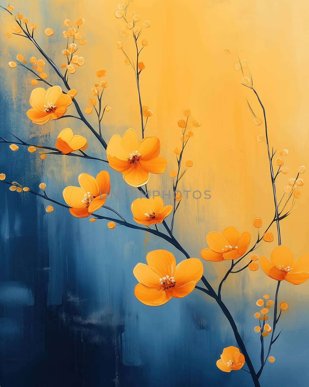 Painting, blooming branch with orange flowers on blue textured background. Selective focus.
