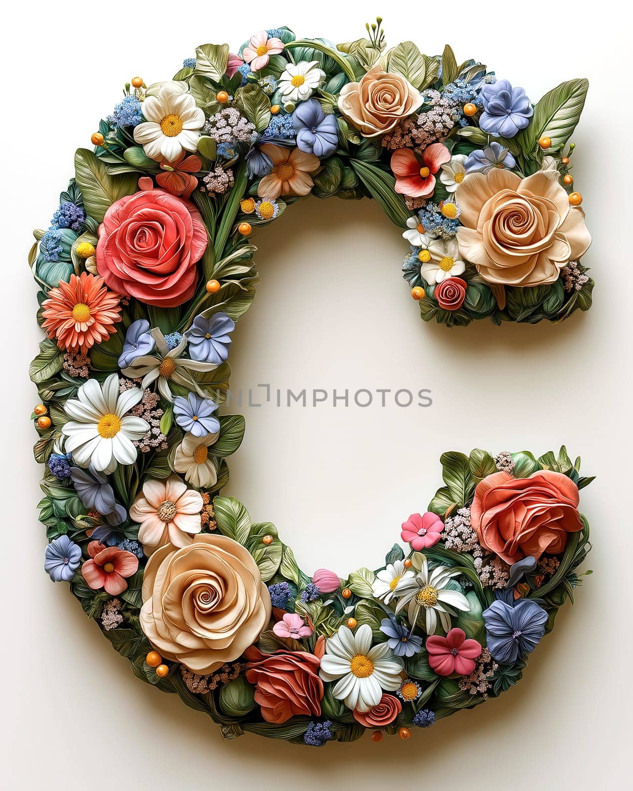 The letter C of colorful flowers on a white background. Selective focus.