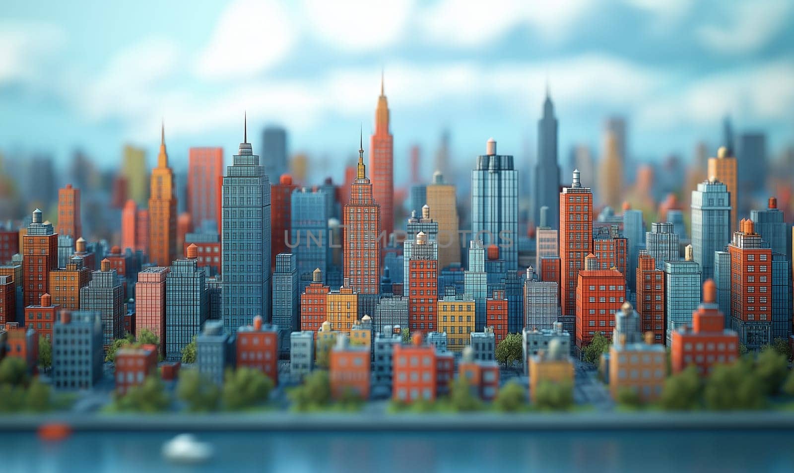 Thumbnail model of a cityscape in pixels. Selective focus.