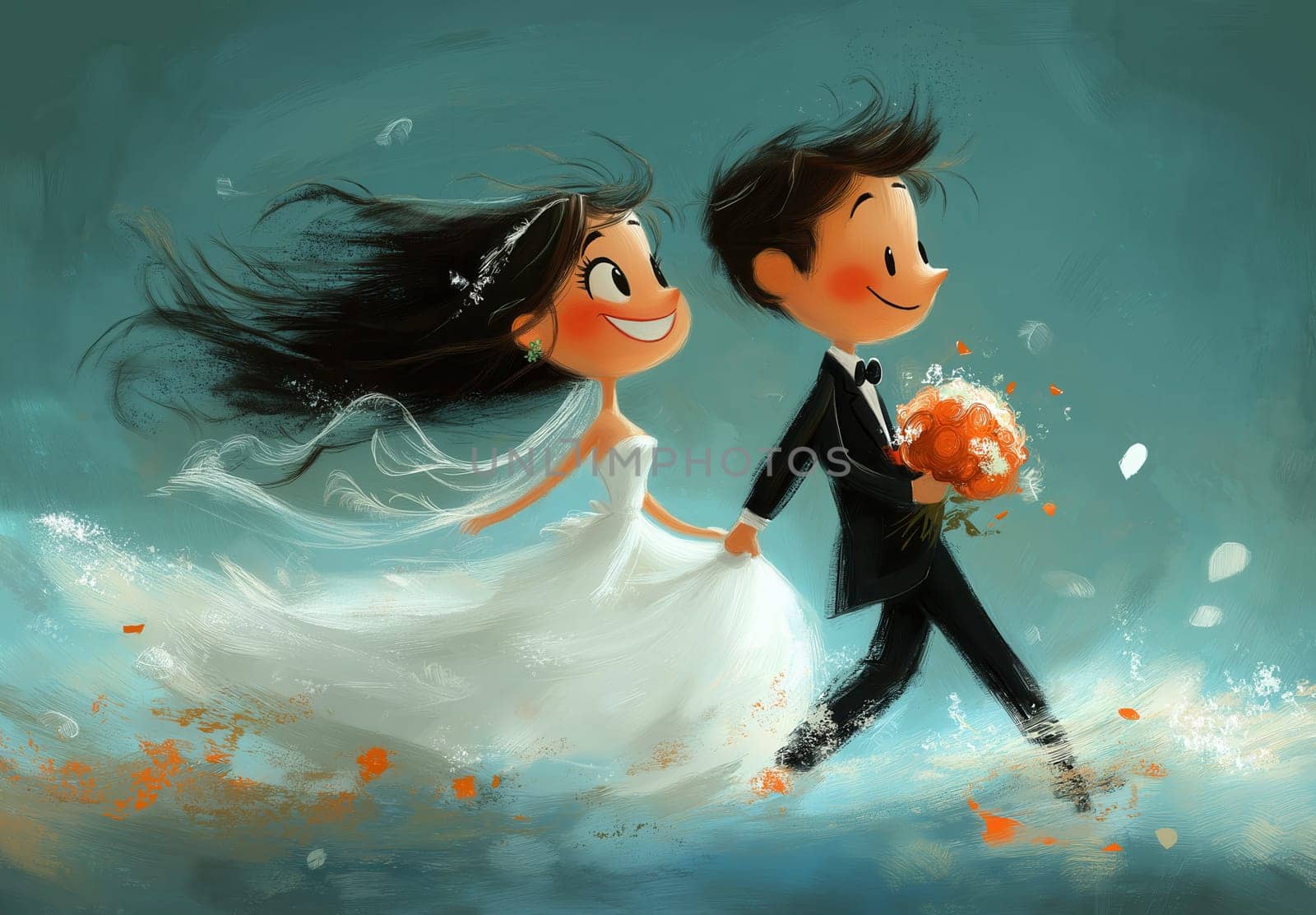 A cartoon illustration of a bride and groom on a blue background. Selective focus.