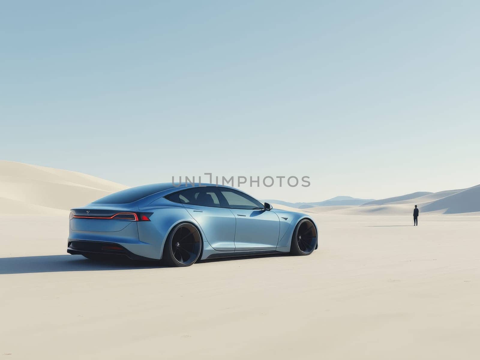 Light blue Tesla Model S parked in a white sand desert with a businessman looking at the horizon. Ai generated