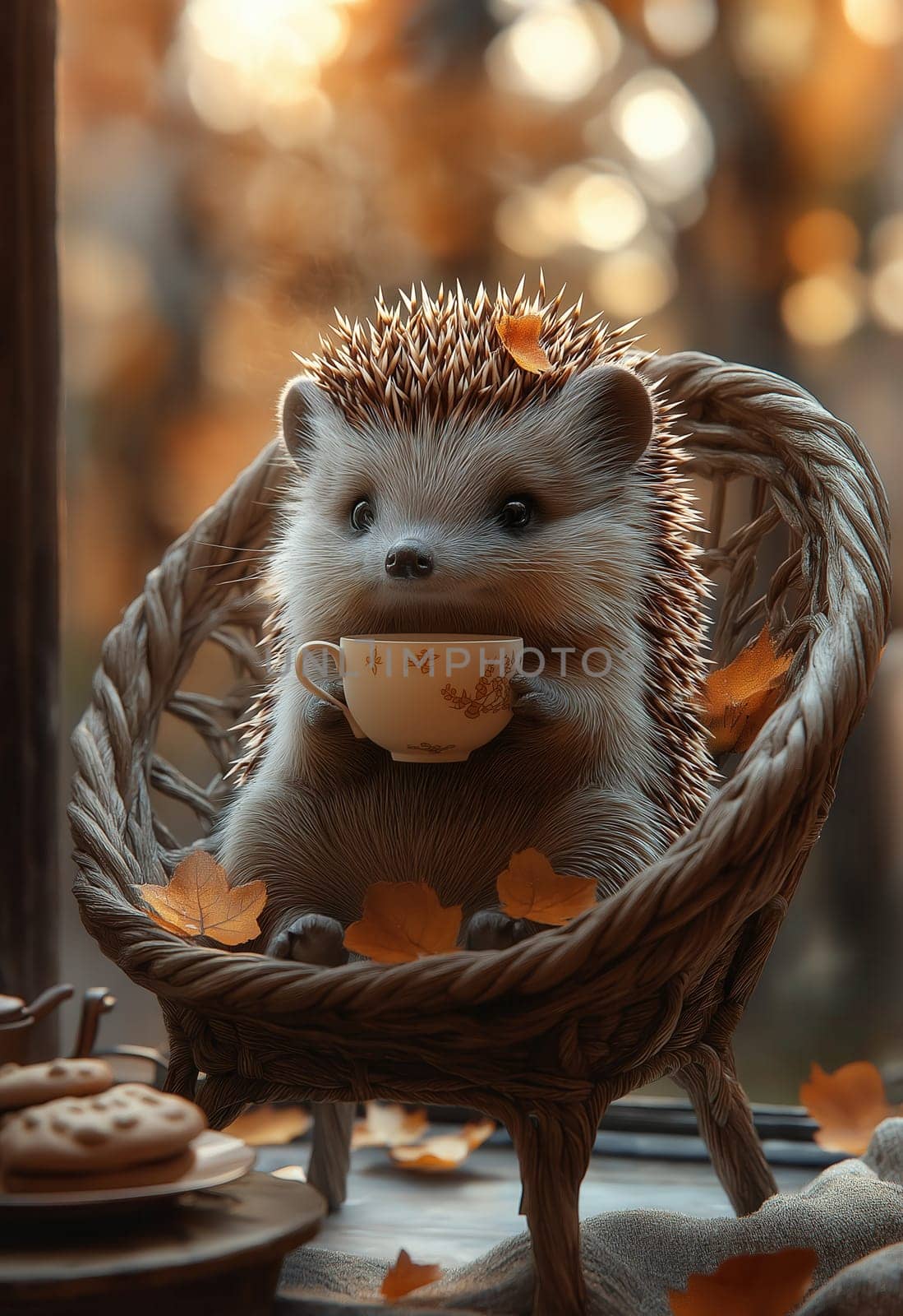 Autumn illustration, hedgehog in a wicker chair drinking tea. Selective focus.