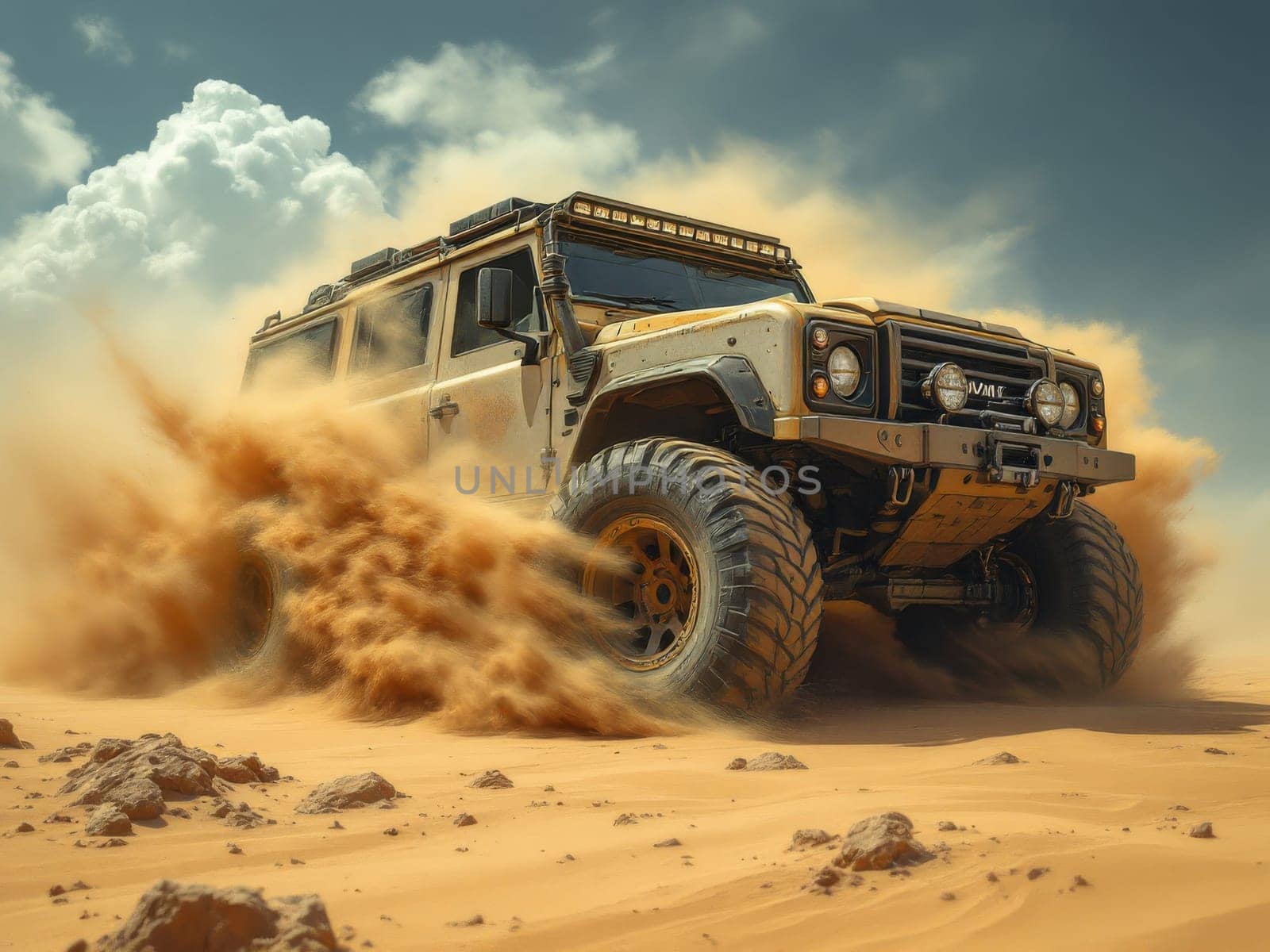 Off-road vehicle racing through the desert, kicking up a cloud of dust under a dramatic sky. Ai generated