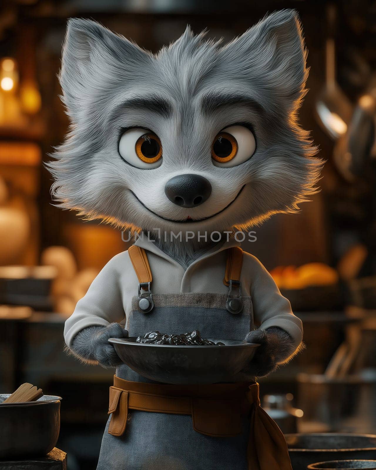 Illustration of a wolf working in an apron in a workshop. Selective focus.