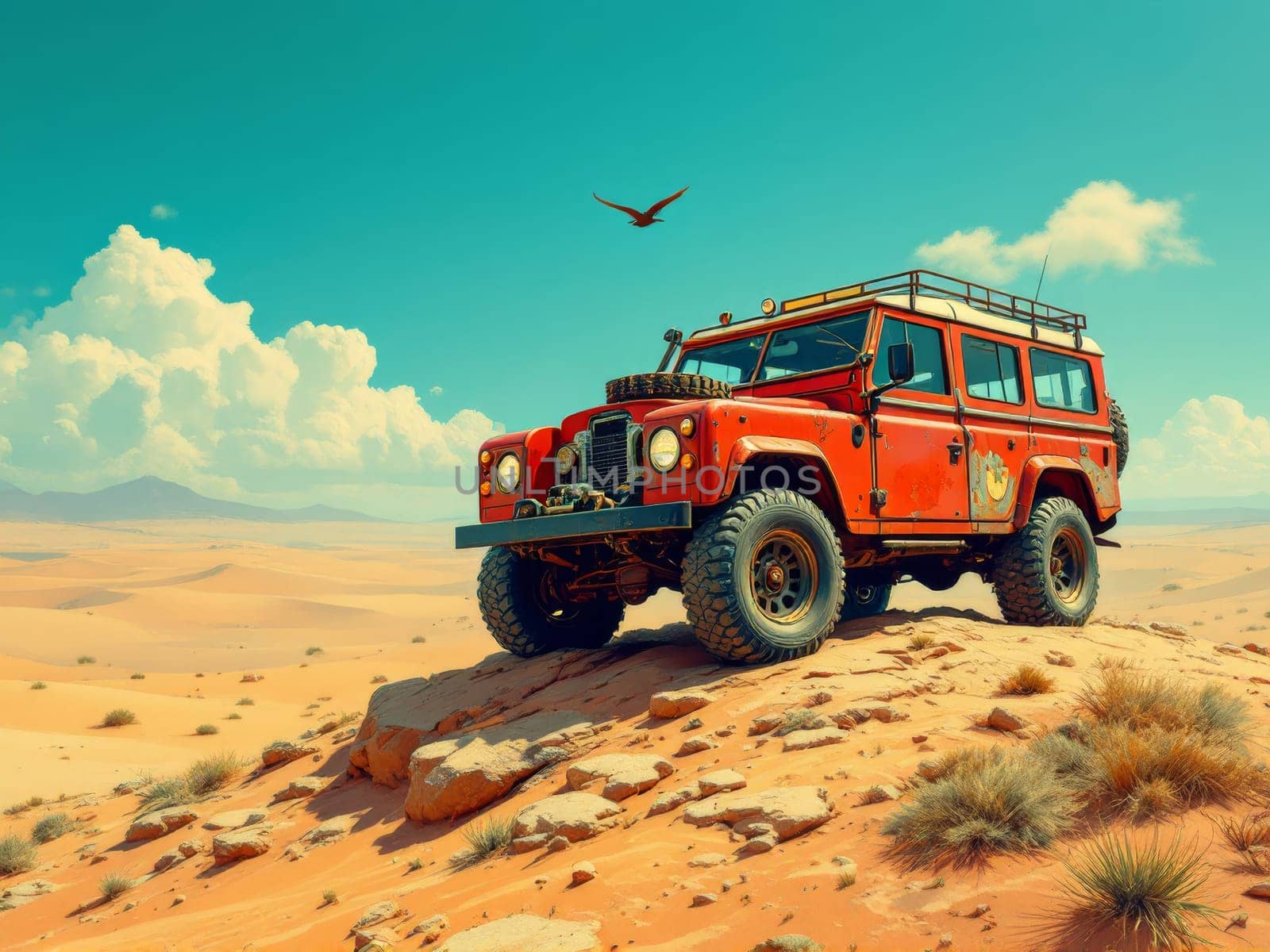 Old red offroad vehicle is climbing a sand dune in a desert landscape, with a bird flying above. Ai generated