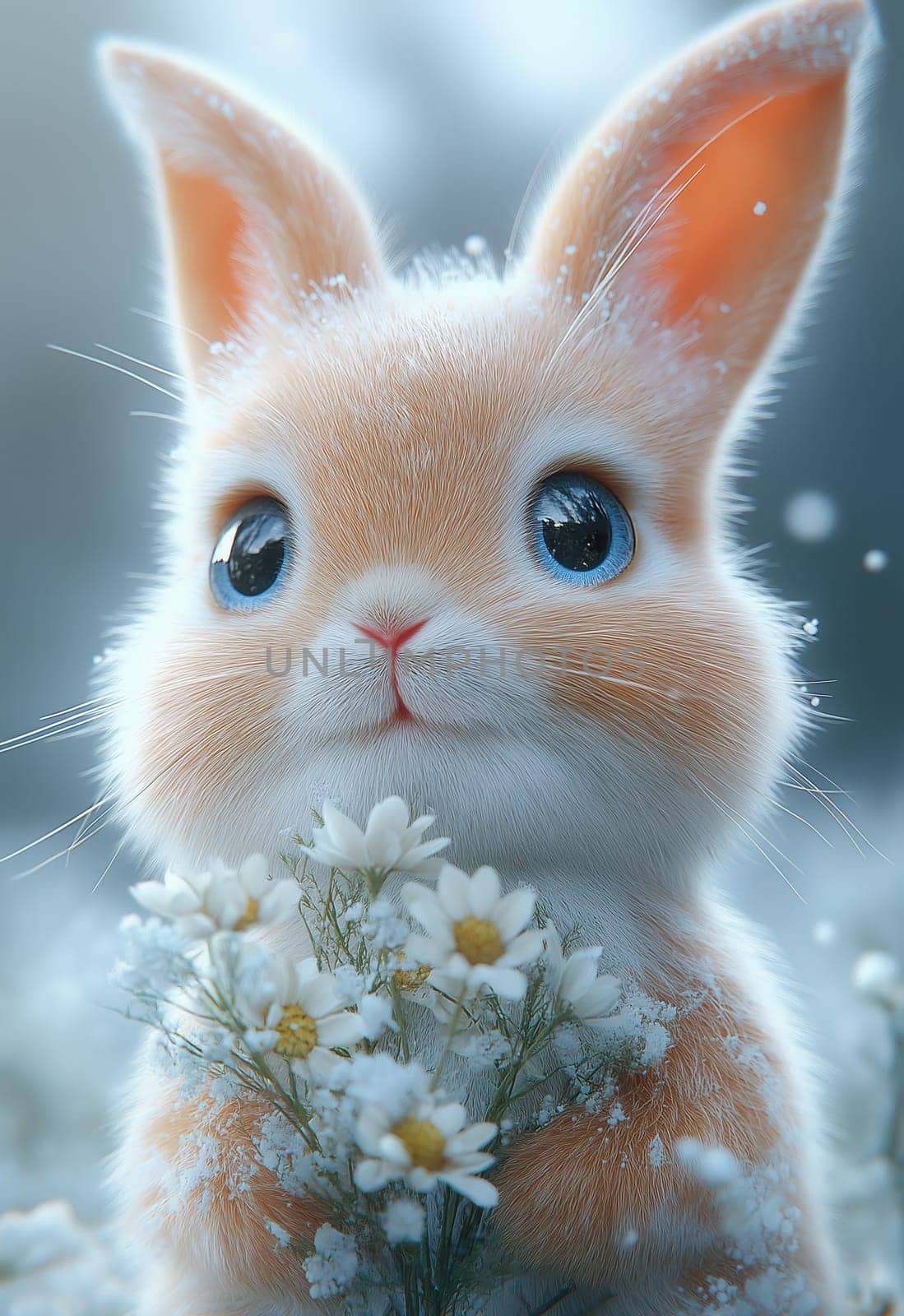 Illustration of a rabbit holding a bouquet of white flowers. Selective focus.