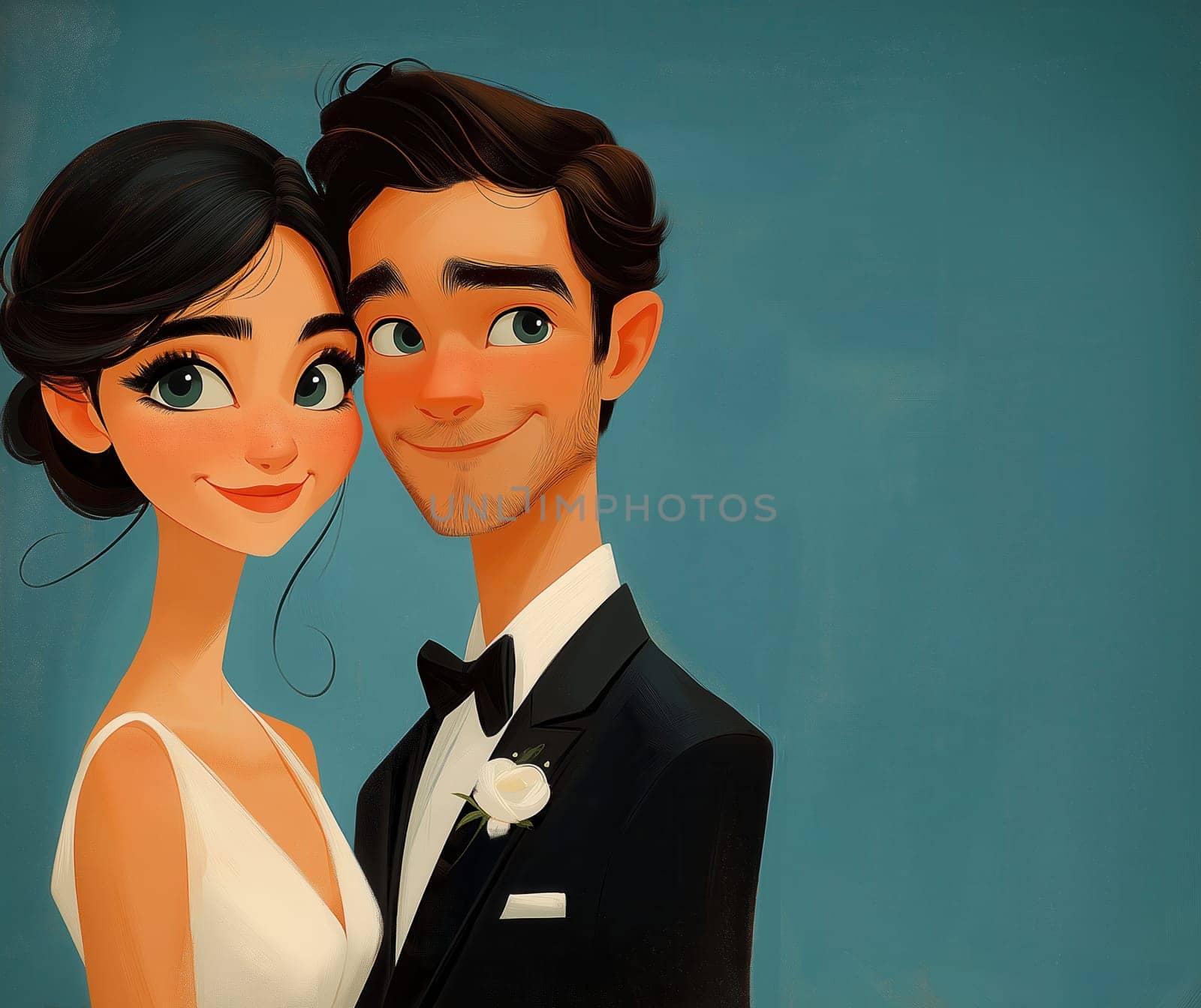 A cartoon illustration of a bride and groom on a blue background. Selective focus.