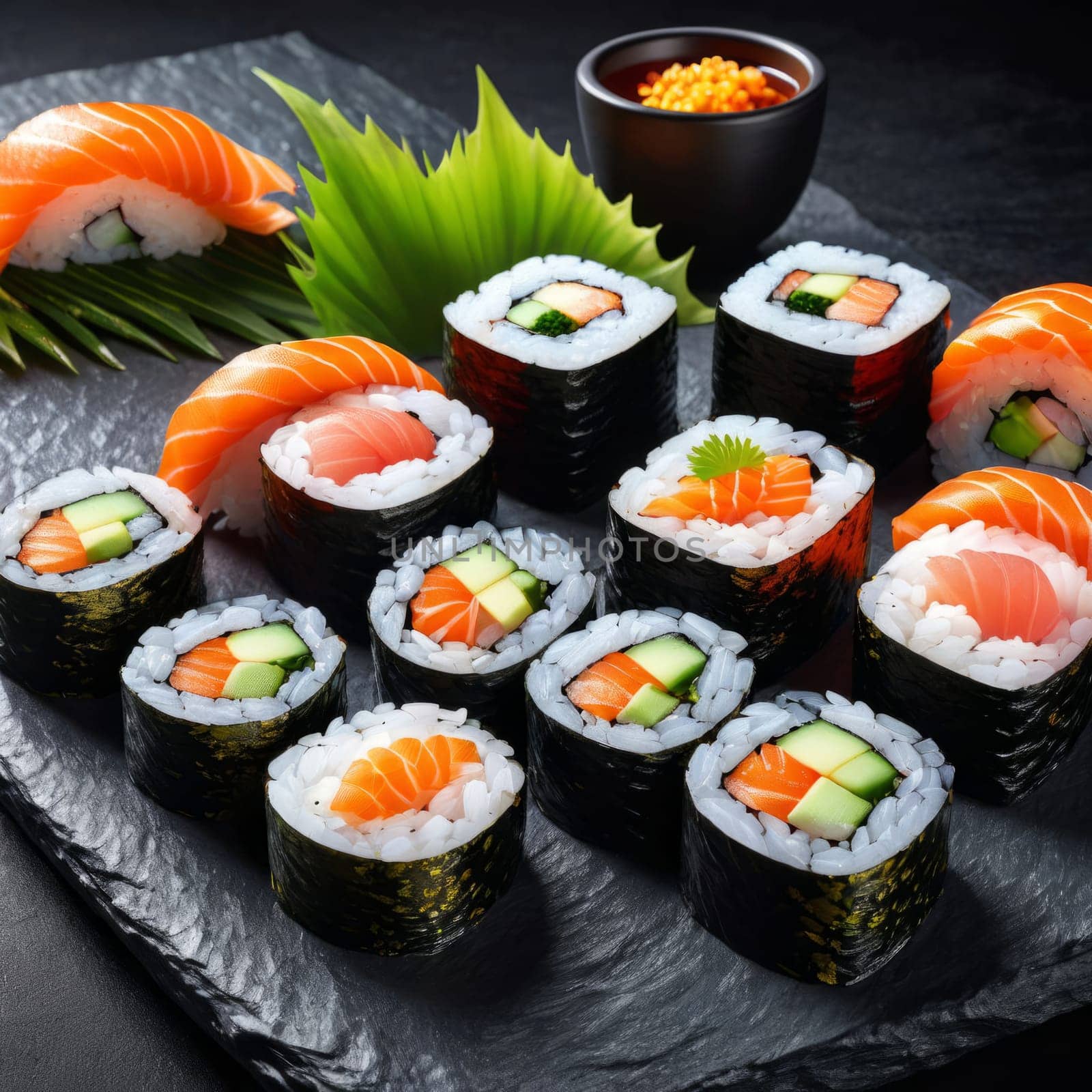 Beautifully arranged sushi selection with fresh fish, vibrant vegetables, and rice. Perfect for showcasing Japanese cuisine, appealing to food enthusiasts and culinary professionals alike