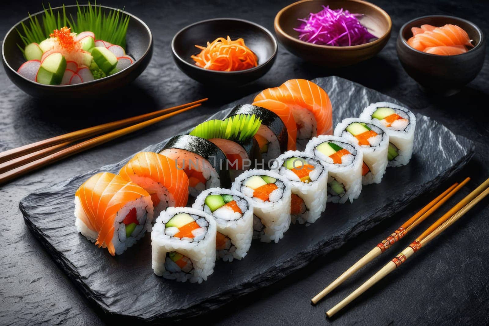 Beautifully arranged sushi selection with fresh fish, vibrant vegetables, and rice. Perfect for showcasing Japanese cuisine, appealing to food enthusiasts and culinary professionals alike