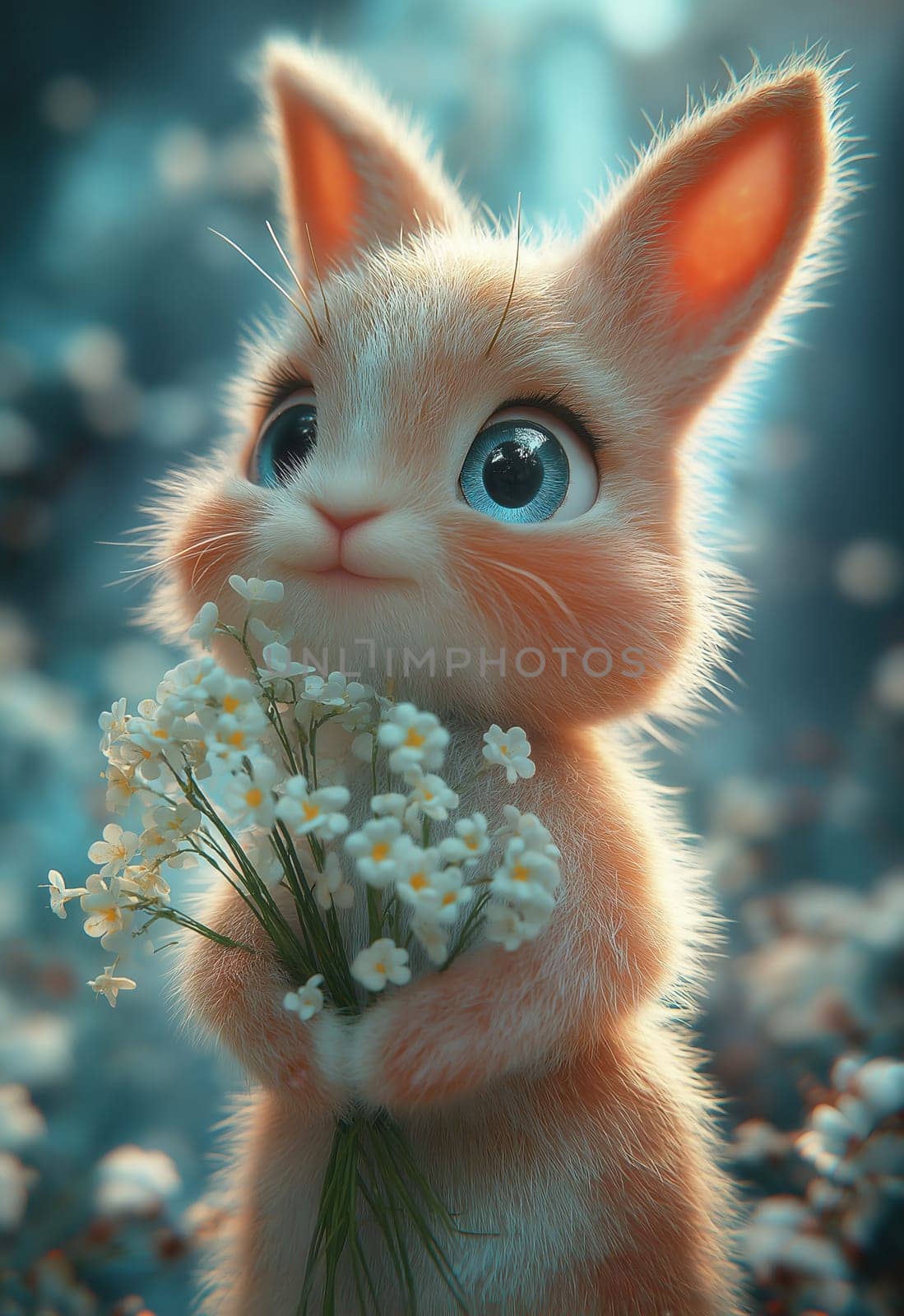 Illustration of a rabbit holding a bouquet of white flowers. Selective focus.