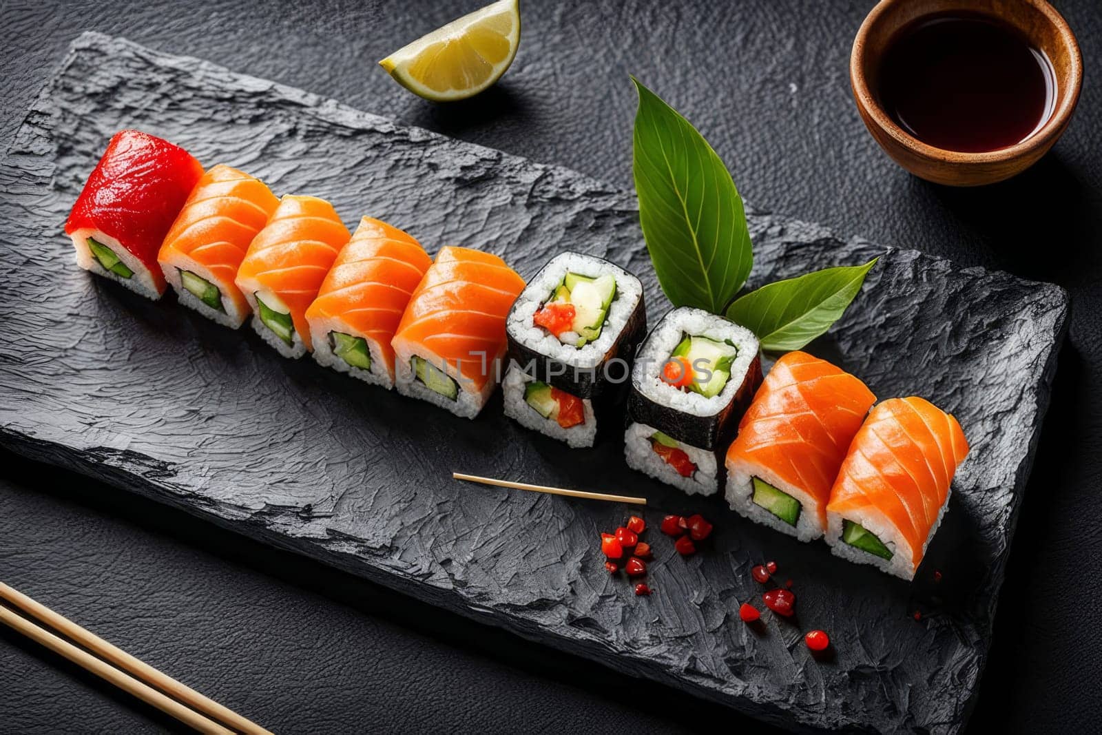 Beautifully arranged sushi selection with fresh fish, vibrant vegetables, and rice. Perfect for showcasing Japanese cuisine, appealing to food enthusiasts and culinary professionals alike