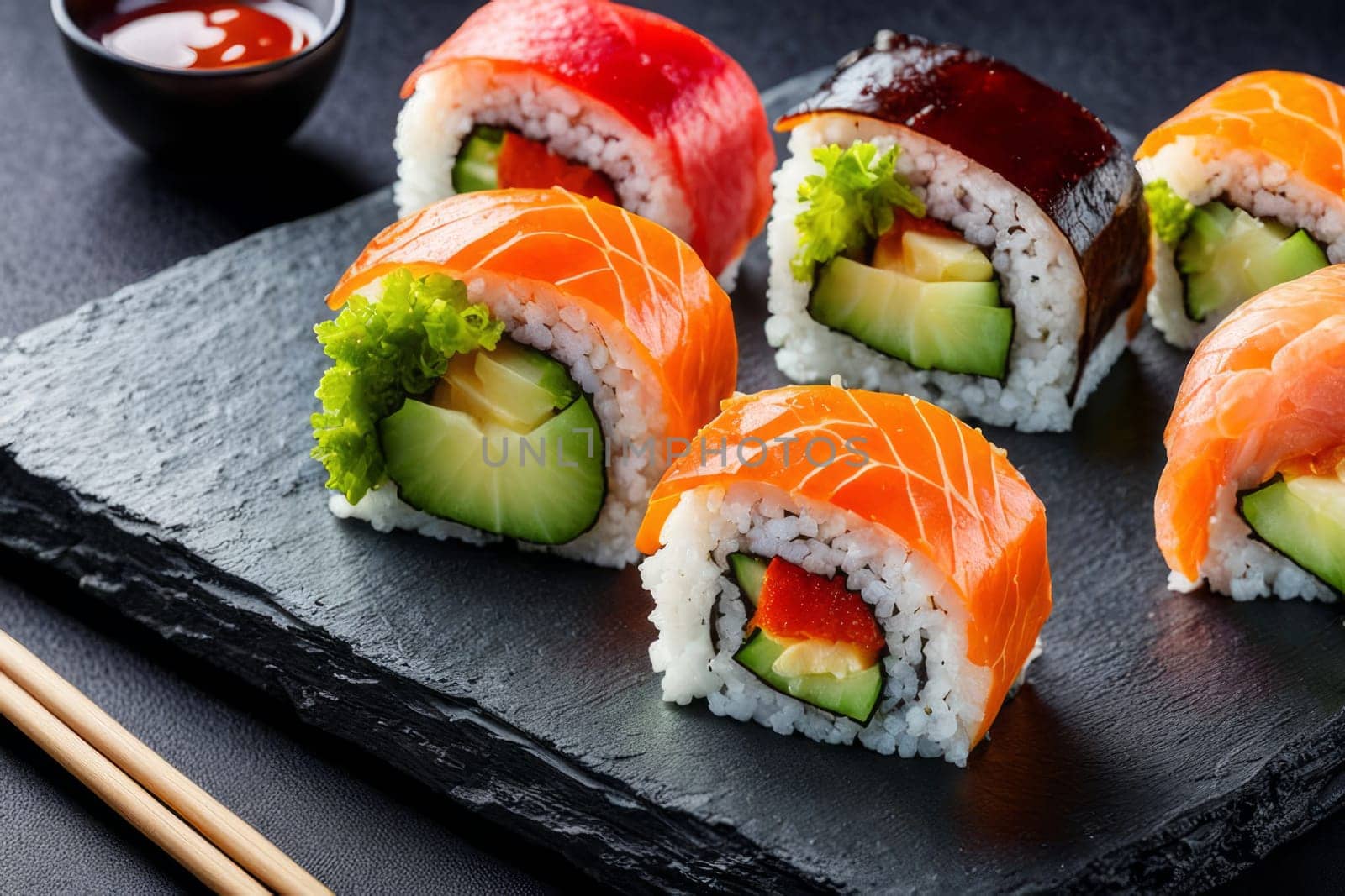 Beautifully arranged sushi selection with fresh fish, vibrant vegetables, and rice. Perfect for showcasing Japanese cuisine, appealing to food enthusiasts and culinary professionals alike