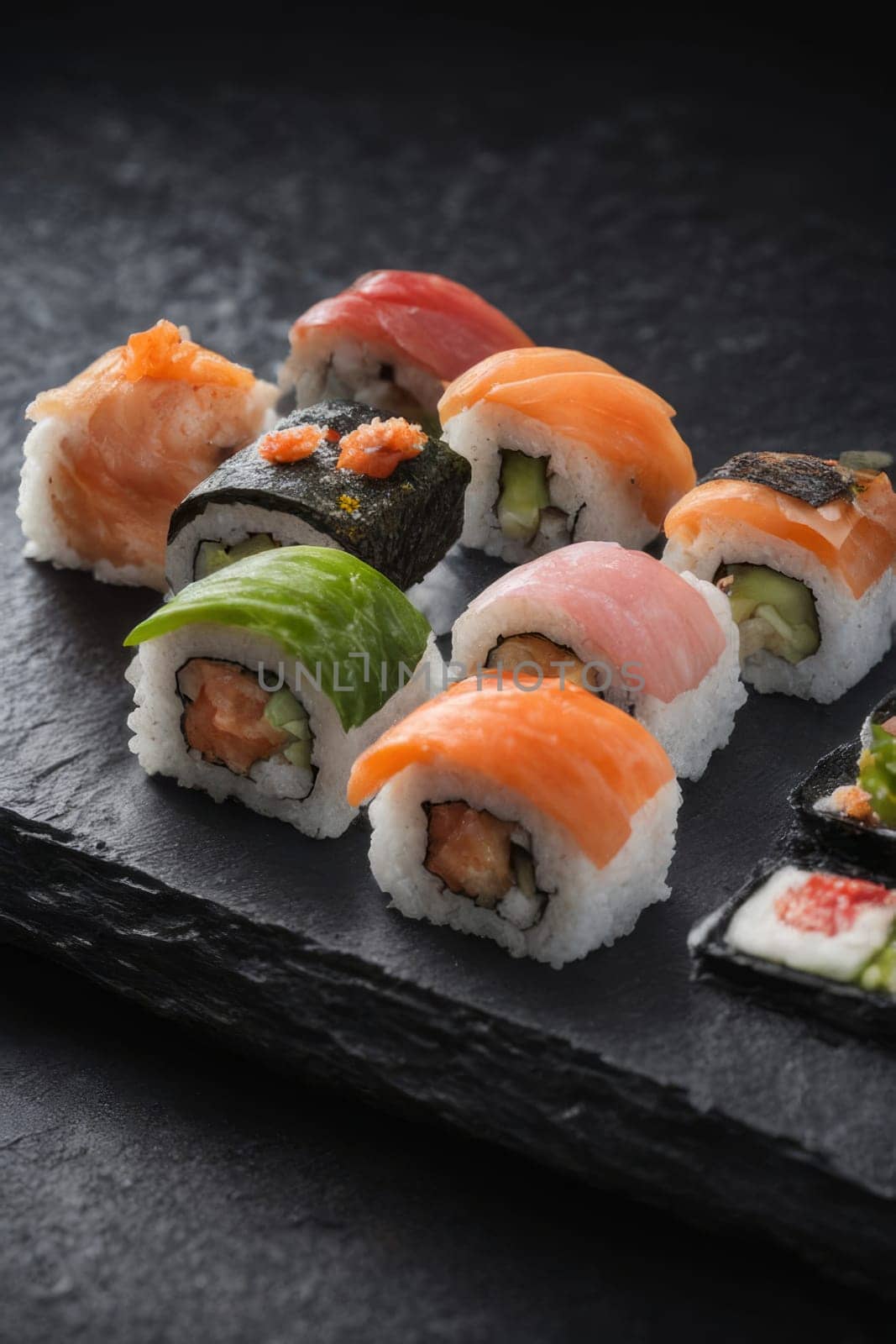 Beautifully arranged sushi selection with fresh fish, vibrant vegetables, and rice. Perfect for showcasing Japanese cuisine, appealing to food enthusiasts and culinary professionals alike