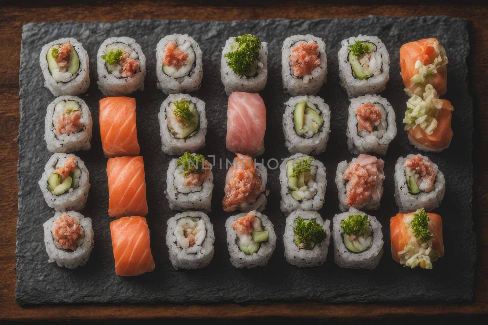 Beautifully arranged sushi selection with fresh fish, vibrant vegetables, and rice. Perfect for showcasing Japanese cuisine, appealing to food enthusiasts and culinary professionals alike