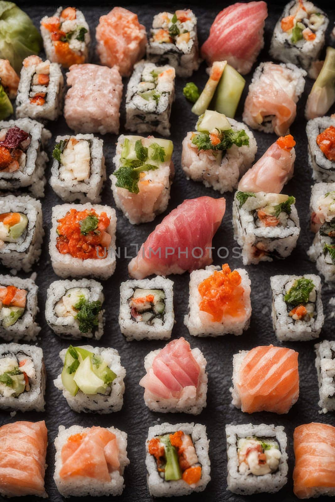 Beautifully arranged sushi selection with fresh fish, vibrant vegetables, and rice. Perfect for showcasing Japanese cuisine, appealing to food enthusiasts and culinary professionals alike