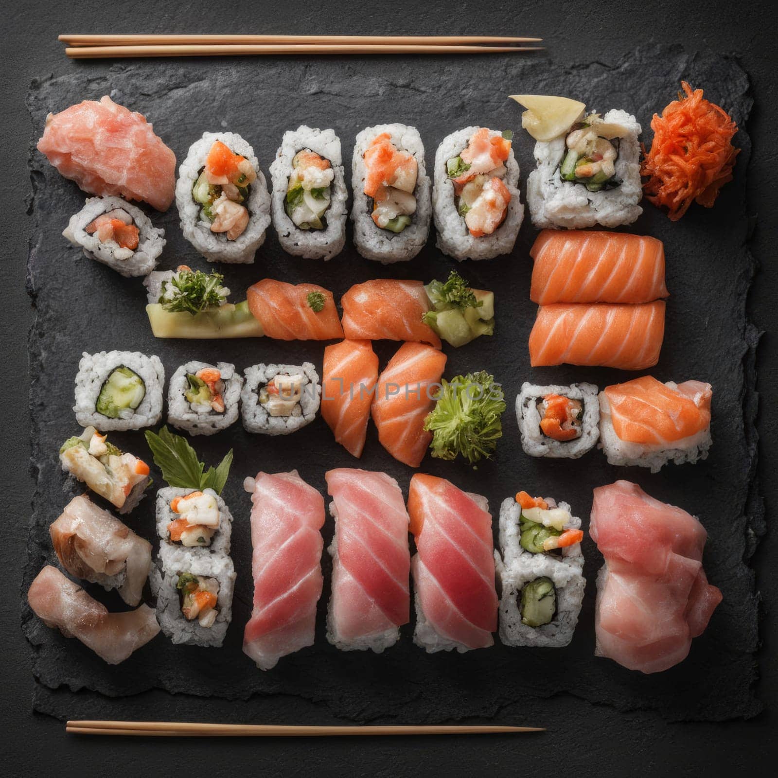 Beautifully arranged sushi selection with fresh fish, vibrant vegetables, and rice. Perfect for showcasing Japanese cuisine, appealing to food enthusiasts and culinary professionals alike