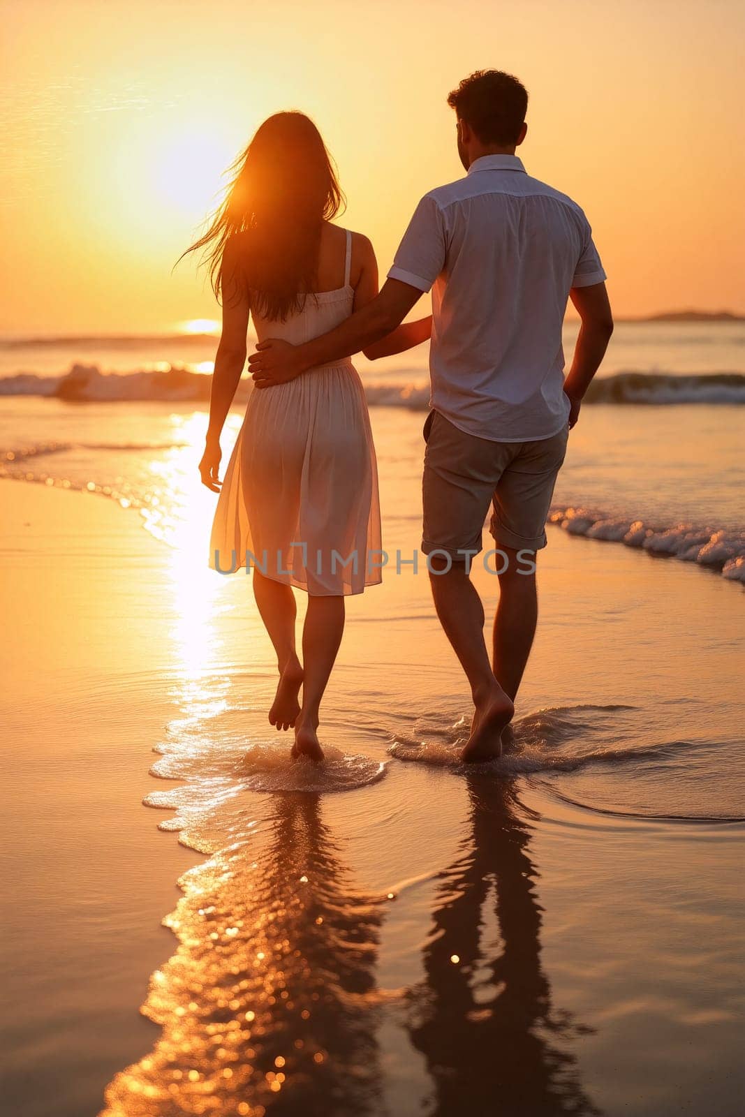 Beachgoers walk hand in hand along the shoreline as the sun sets, casting a warm glow over the calm waters and sandy beach - Generative AI