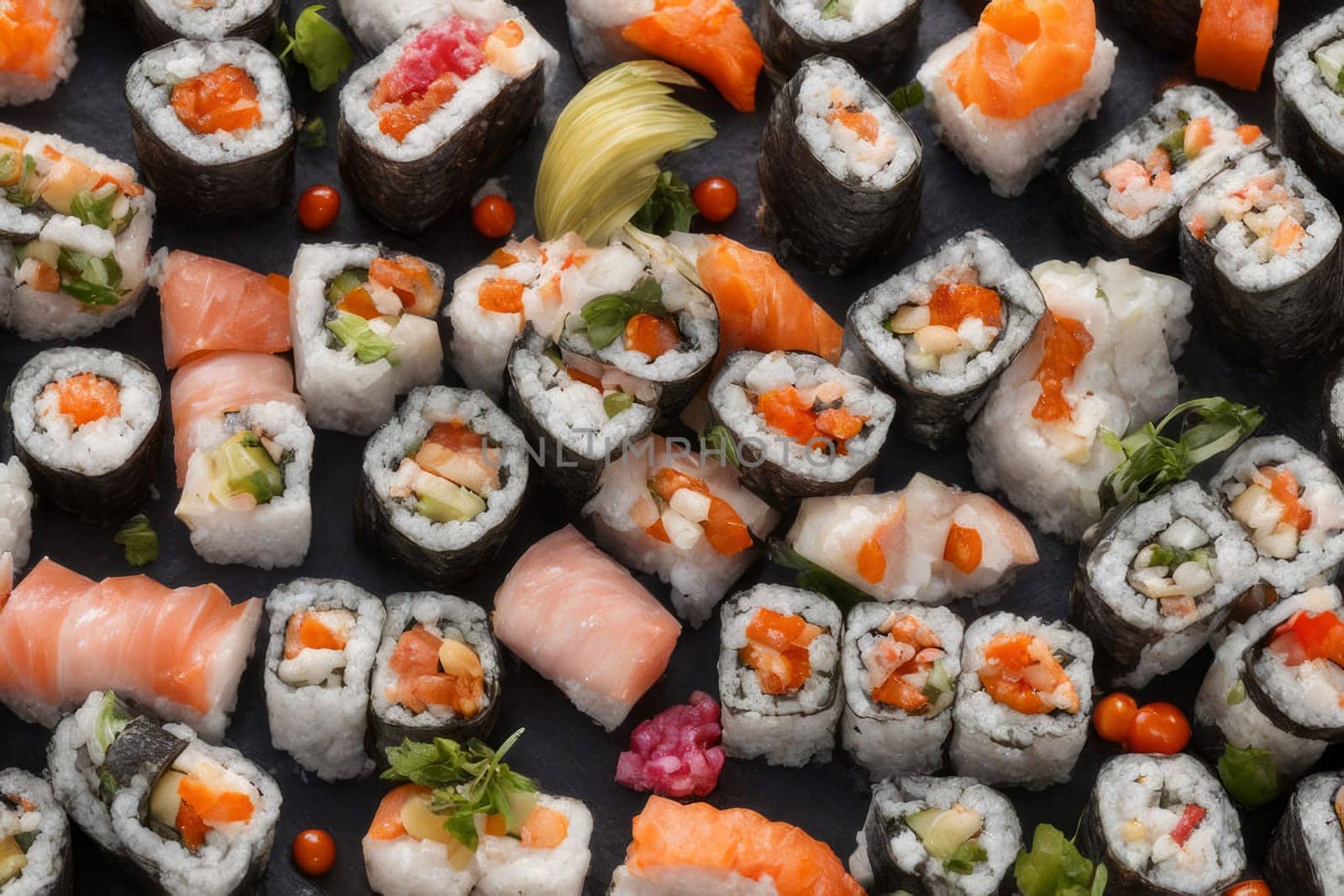 Beautifully arranged sushi selection with fresh fish, vibrant vegetables, and rice. Perfect for showcasing Japanese cuisine, appealing to food enthusiasts and culinary professionals alike