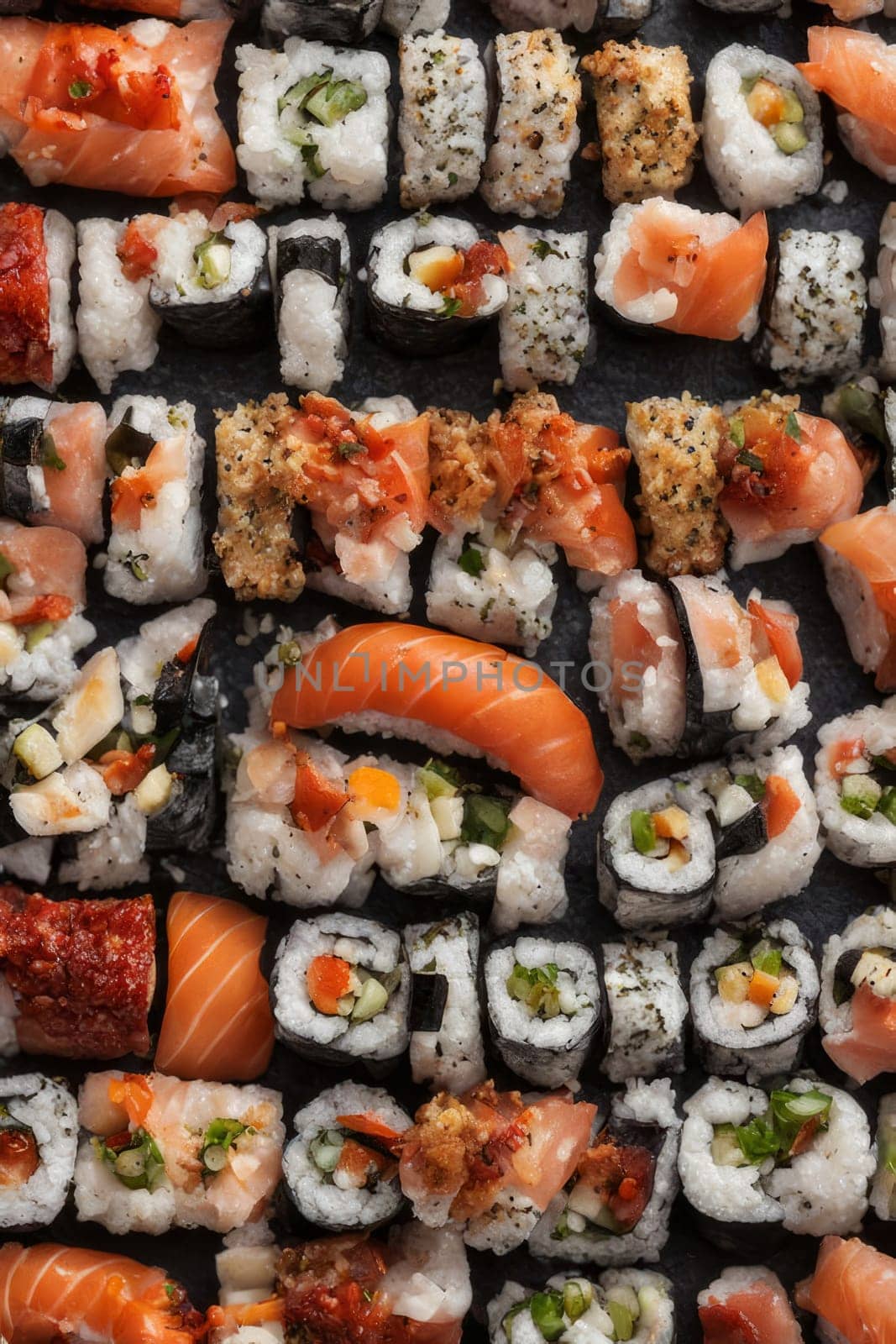 Beautifully arranged sushi selection with fresh fish, vibrant vegetables, and rice. Perfect for showcasing Japanese cuisine, appealing to food enthusiasts and culinary professionals alike