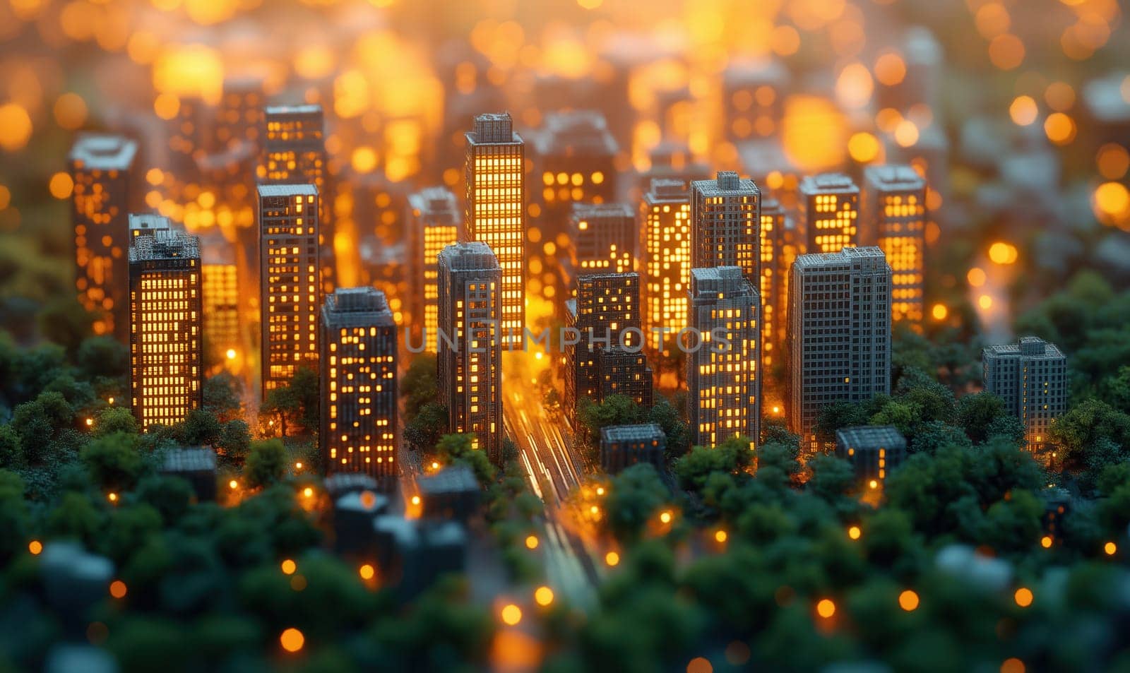 Thumbnail model of a cityscape in pixels. Selective focus.