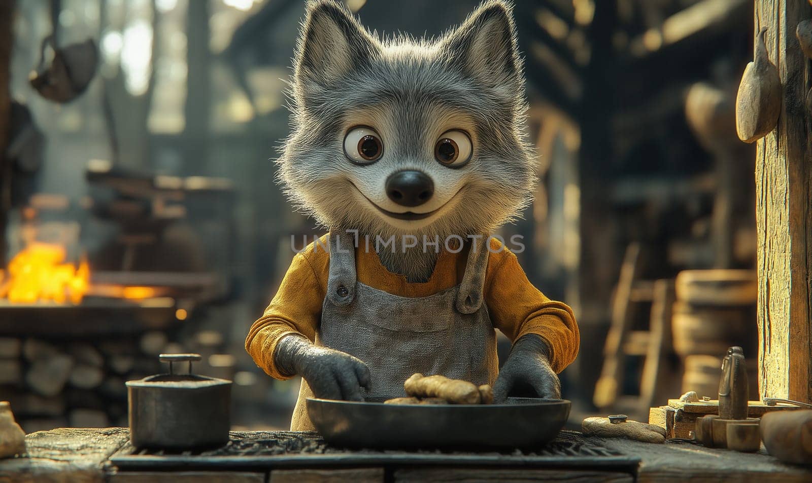 Illustration of a wolf working in an apron in a workshop. Selective focus.