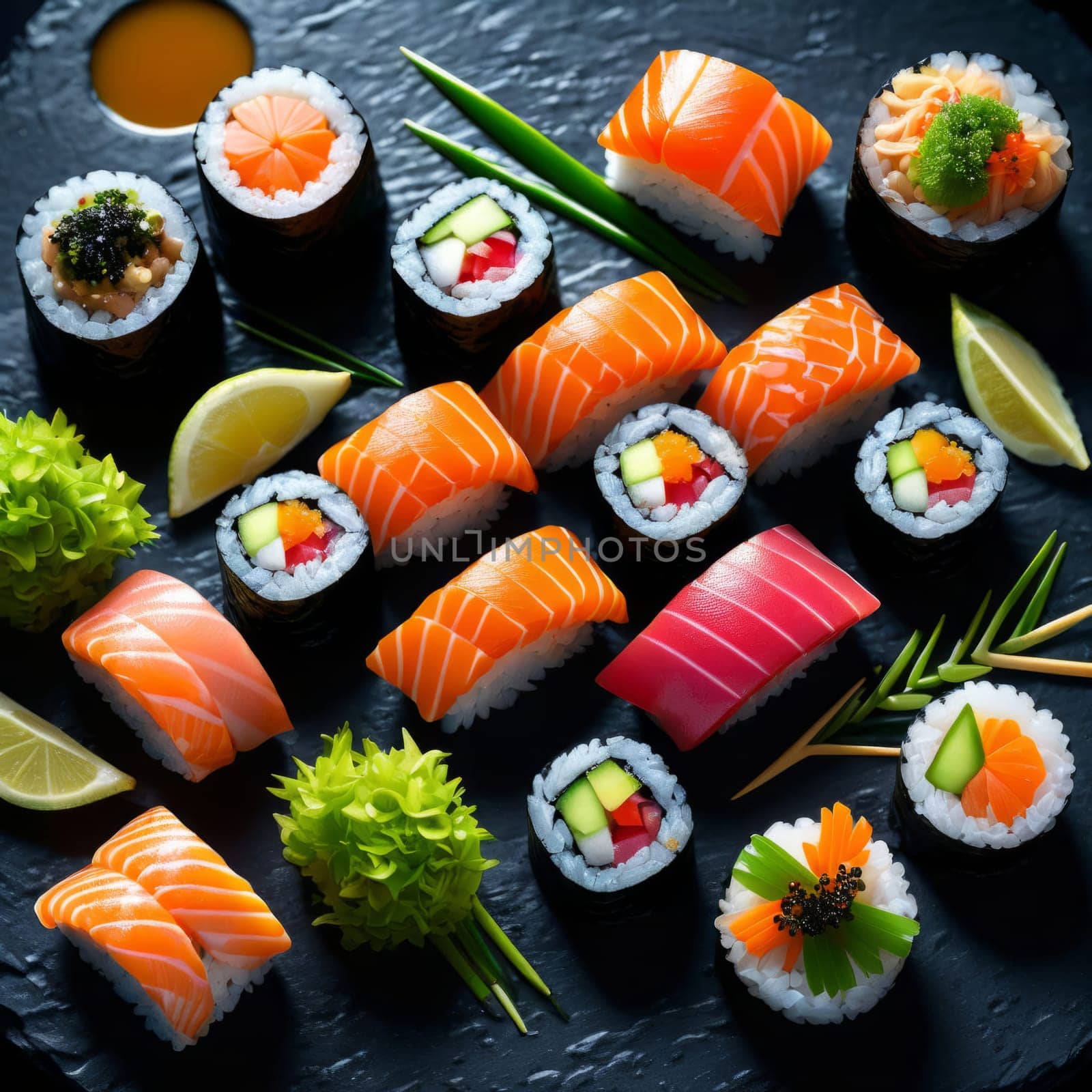 Beautifully arranged sushi selection with fresh fish, vibrant vegetables, and rice. Perfect for showcasing Japanese cuisine, appealing to food enthusiasts and culinary professionals alike