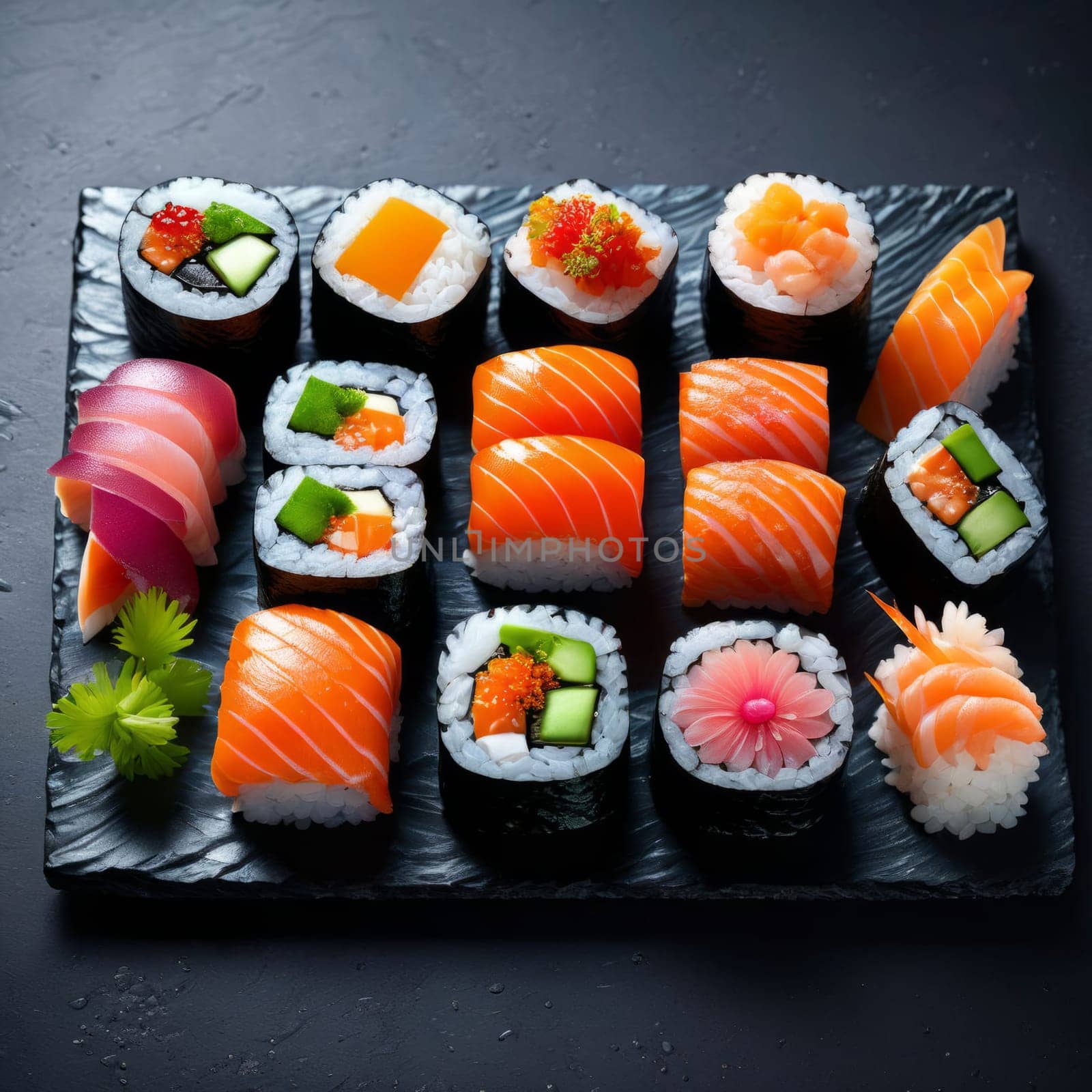 Beautifully arranged sushi selection with fresh fish, vibrant vegetables, and rice. Perfect for showcasing Japanese cuisine, appealing to food enthusiasts and culinary professionals alike