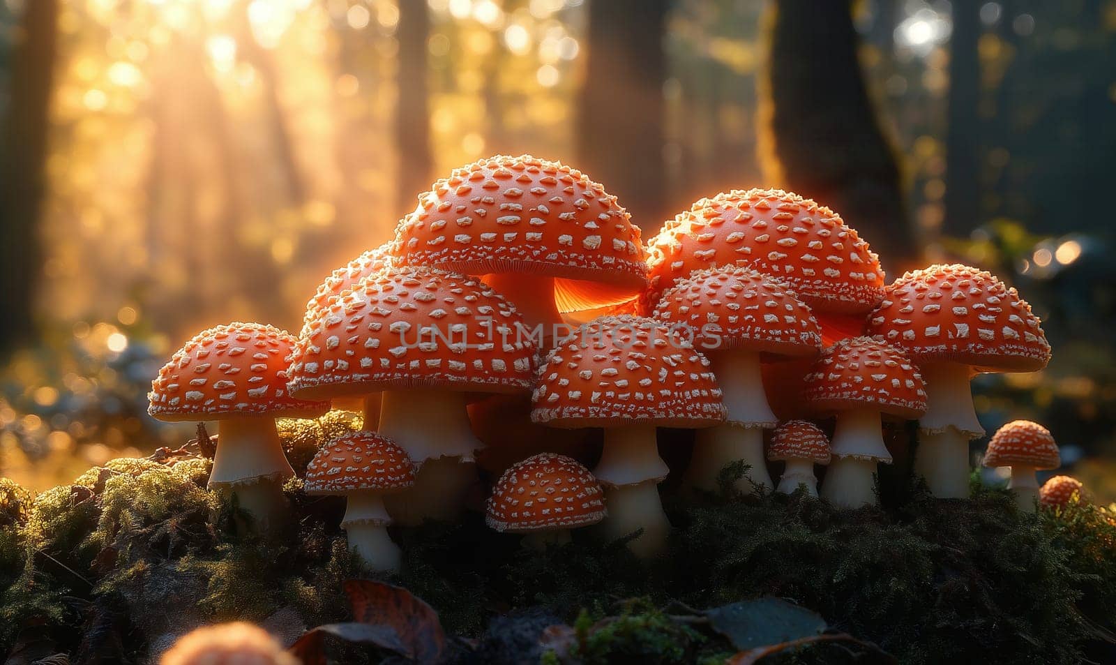 Illustration of fly agaric mushrooms on a natural background. Selective focus.
