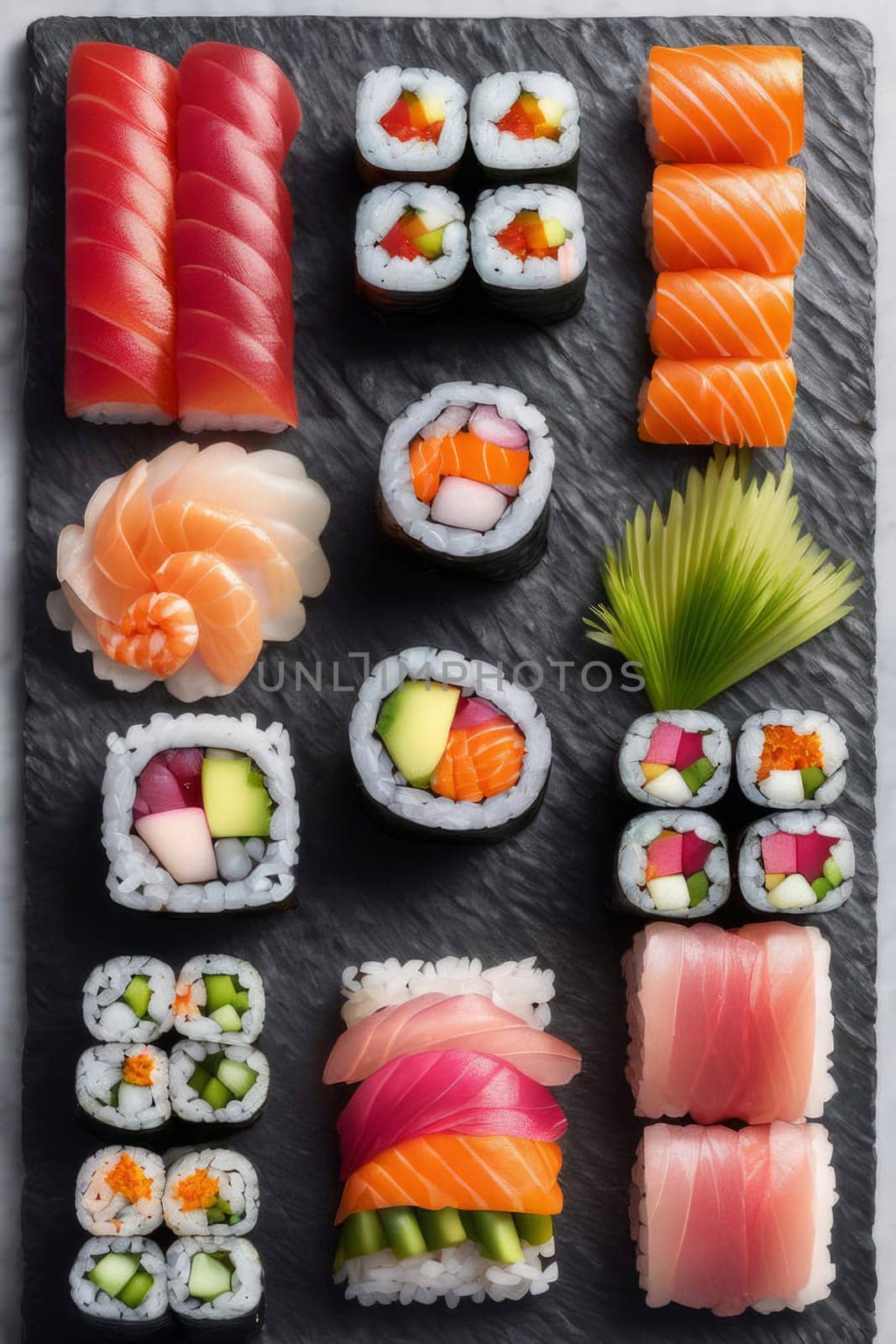Beautifully arranged sushi selection with fresh fish, vibrant vegetables, and rice. Perfect for showcasing Japanese cuisine, appealing to food enthusiasts and culinary professionals alike