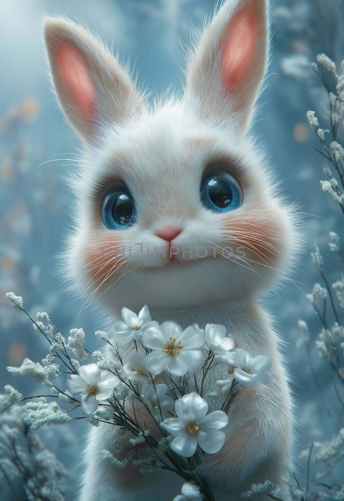 Illustration of a rabbit holding a bouquet of white flowers. Selective focus.