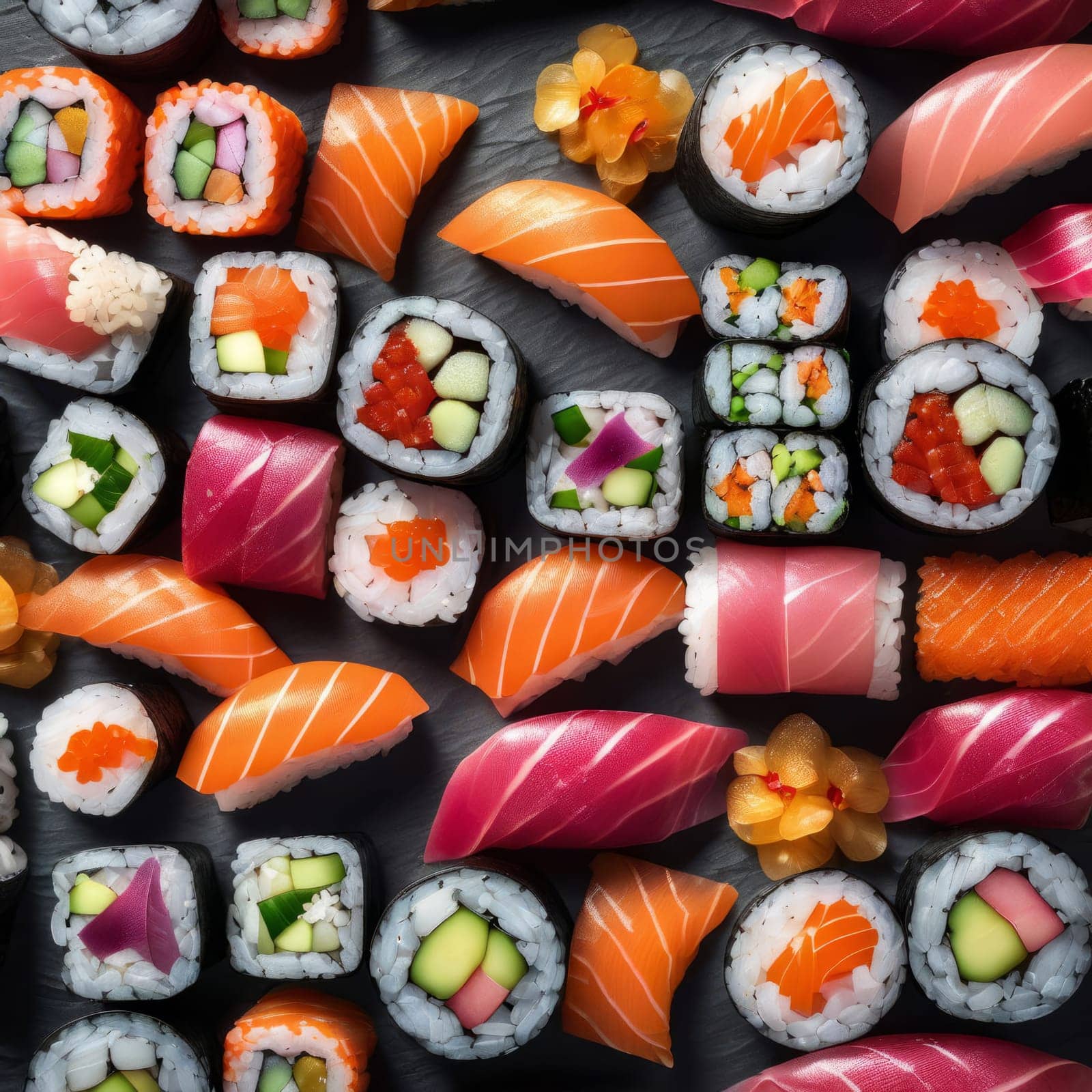 Beautifully arranged sushi selection with fresh fish, vibrant vegetables, and rice. Perfect for showcasing Japanese cuisine, appealing to food enthusiasts and culinary professionals alike