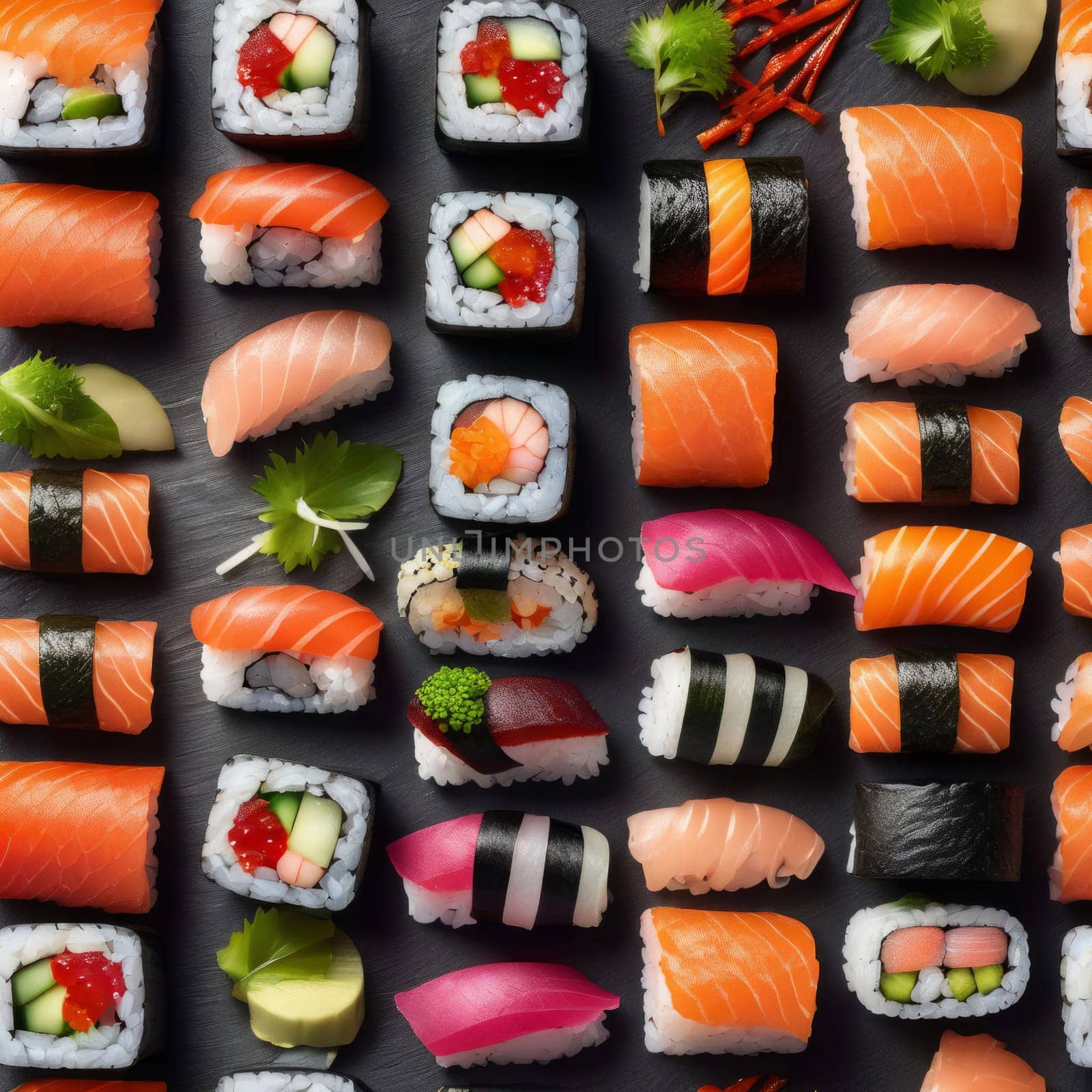 Beautifully arranged sushi selection with fresh fish, vibrant vegetables, and rice. Perfect for showcasing Japanese cuisine, appealing to food enthusiasts and culinary professionals alike