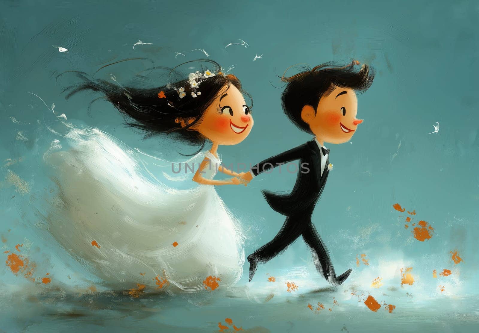 A cartoon illustration of a bride and groom on a blue background. Selective focus.