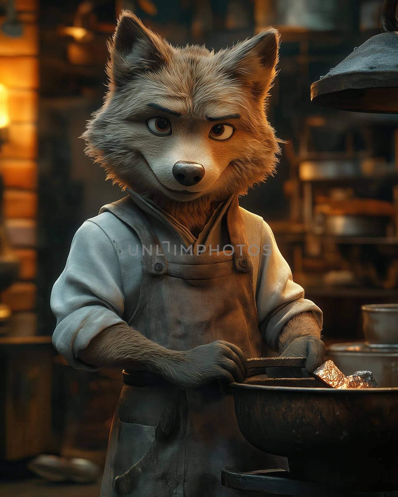 Illustration of a wolf working in an apron in a workshop. Selective focus.